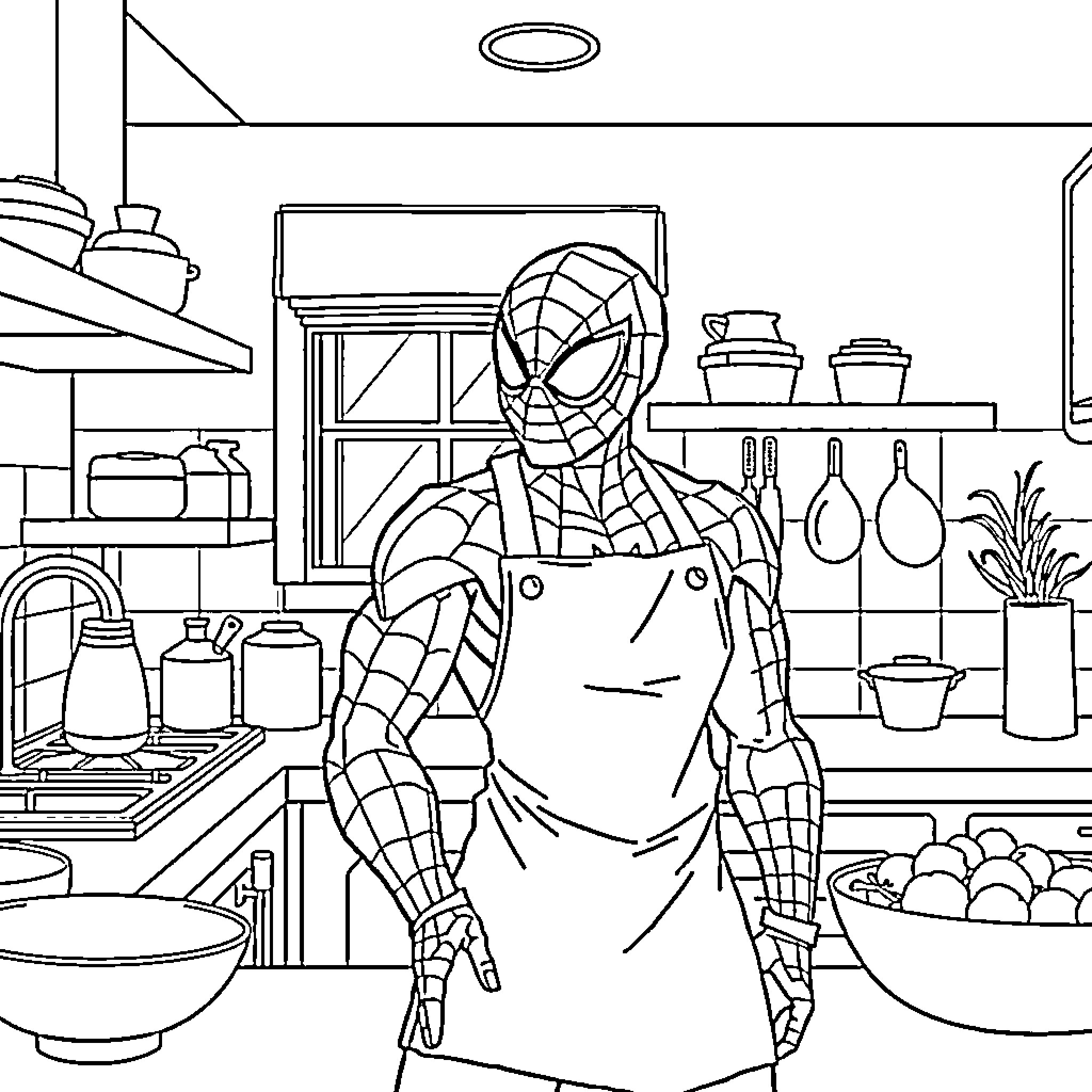 Spiderman cooking in a kitchen scene Coloring Page (free black-and-white line drawing printable PDF for all, from beginners to advanced learners, including children, teens, adults, and seniors)