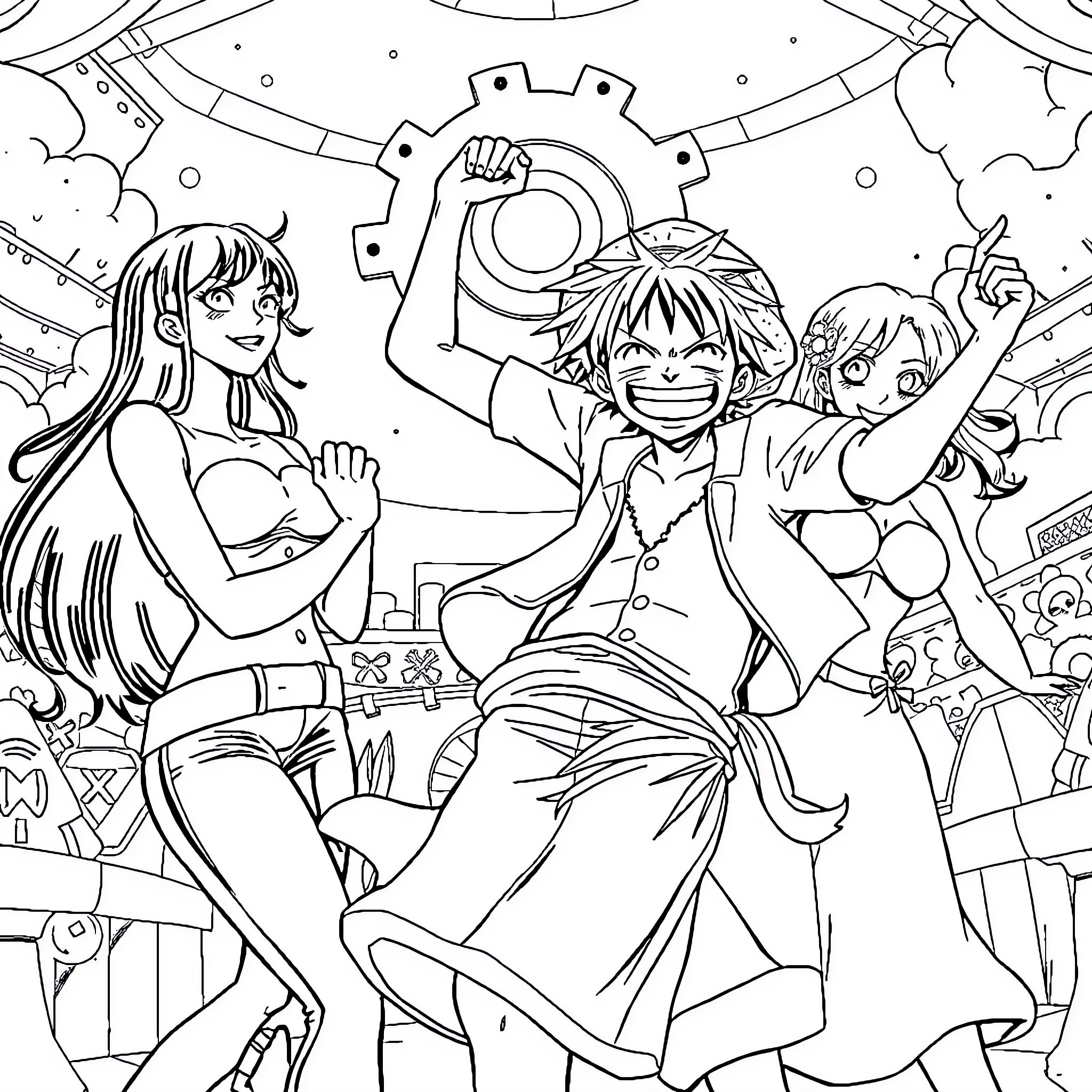 Luffy and friends celebrating in vibrant outfits Coloring Page (free black-and-white line drawing printable PDF for all, from beginners to advanced learners, including children, teens, adults, and seniors)