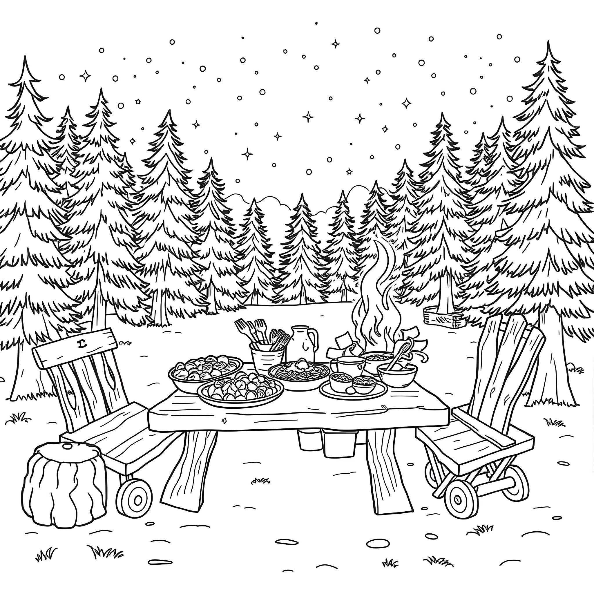 Campground with cozy outdoor picnic in snowy forest Coloring Page (free black-and-white line drawing printable PDF for all, from beginners to advanced learners, including children, teens, adults, and seniors)