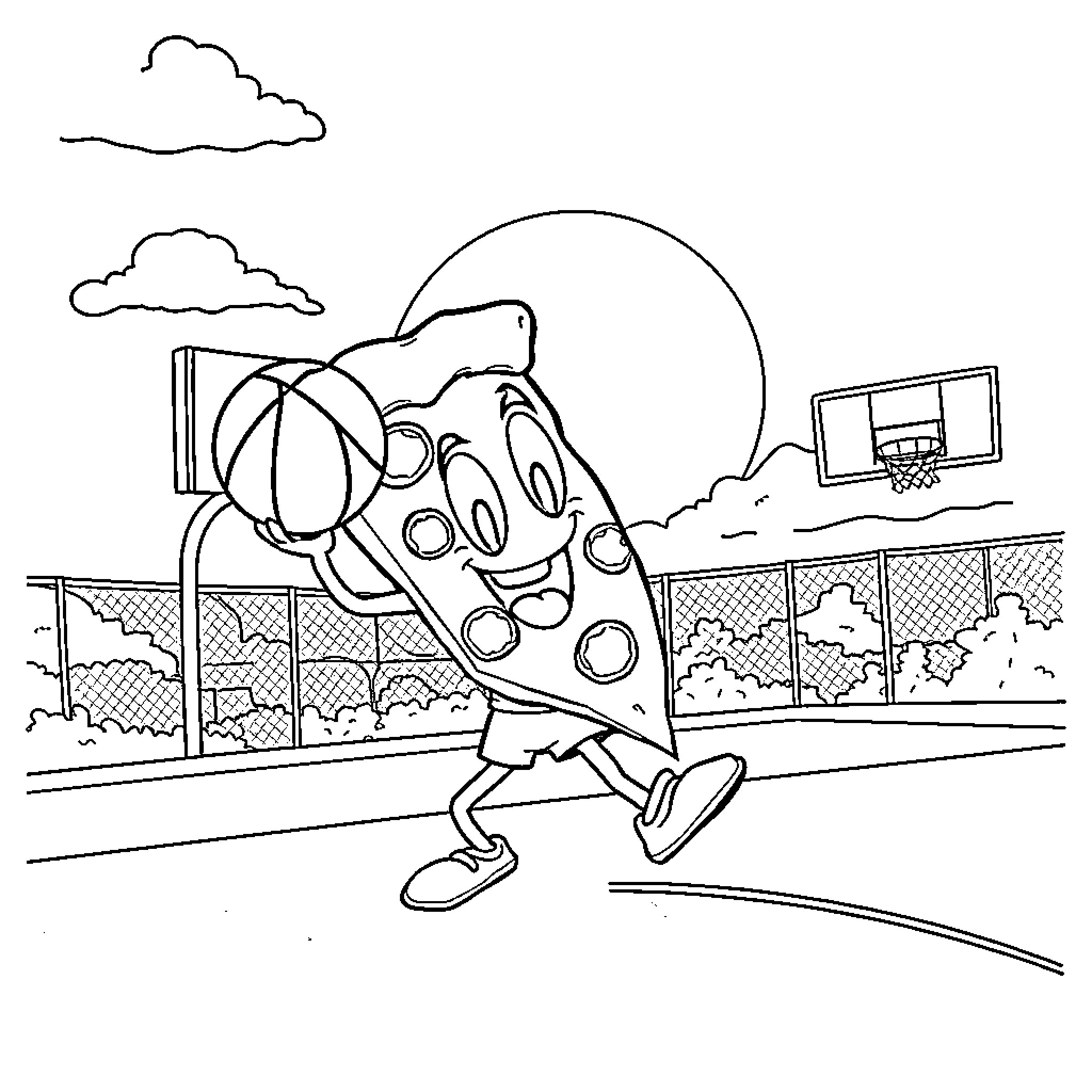 Pizza playing basketball on the court Coloring Page (free black-and-white line drawing printable PDF for all, from beginners to advanced learners, including children, teens, adults, and seniors)
