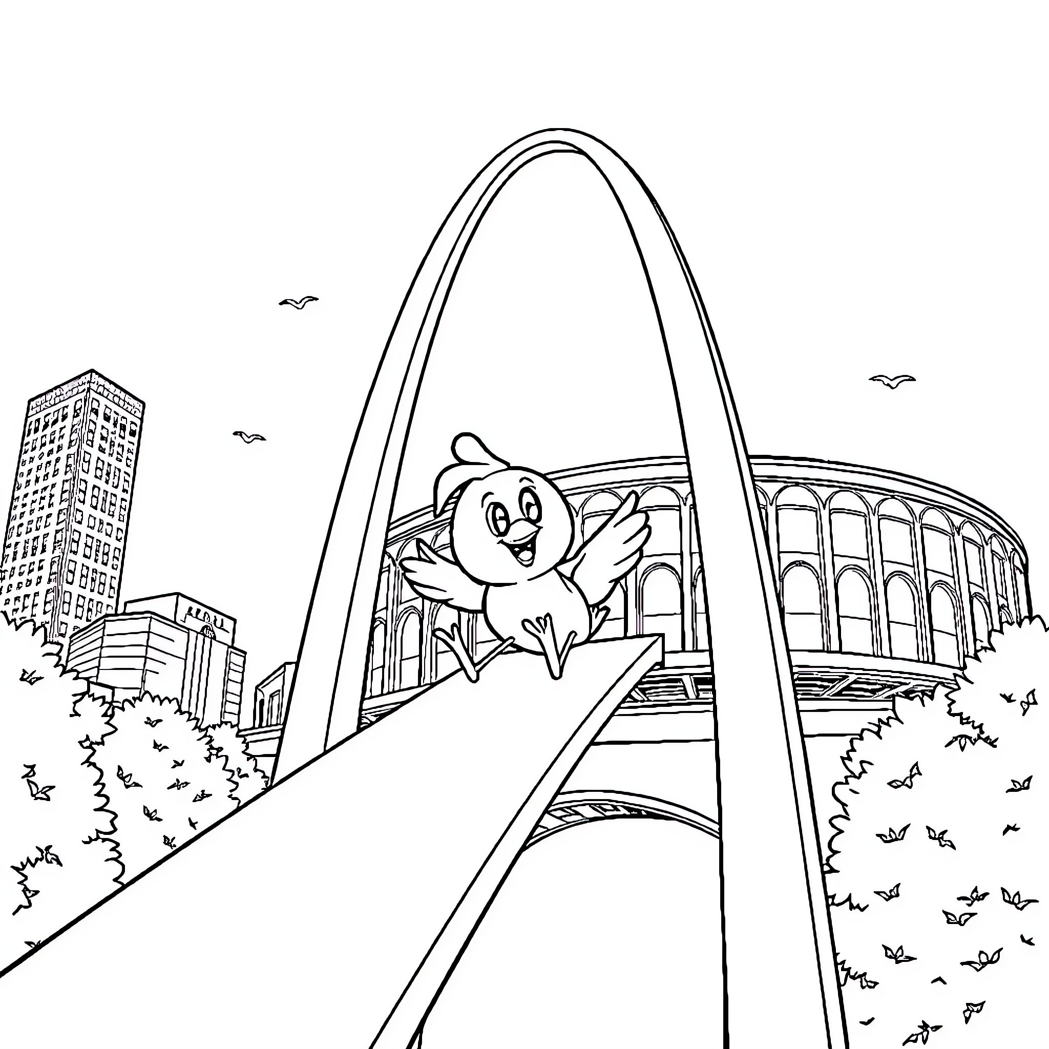 Bird soaring over the city skyline Coloring Page (free black-and-white line drawing printable PDF for all, from beginners to advanced learners, including children, teens, adults, and seniors)