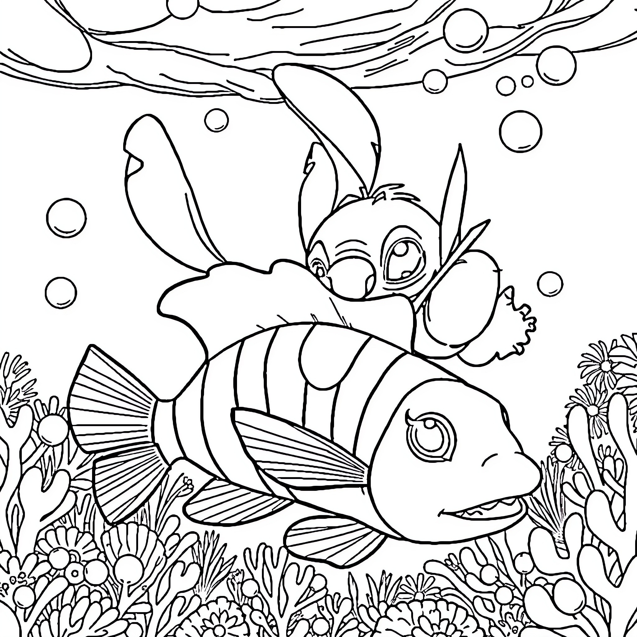 Lilo playing with friendly underwater creatures Coloring Page (free black-and-white line drawing printable PDF for all, from beginners to advanced learners, including children, teens, adults, and seniors)