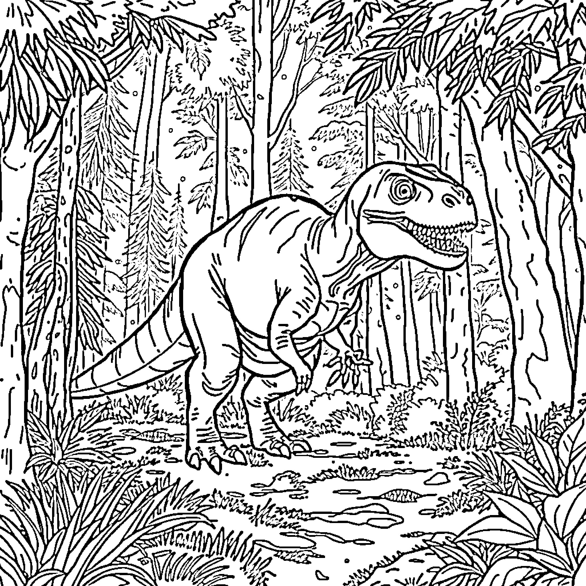 Dinosaur roaming through the jungle Coloring Page (free black-and-white line drawing printable PDF for all, from beginners to advanced learners, including children, teens, adults, and seniors)