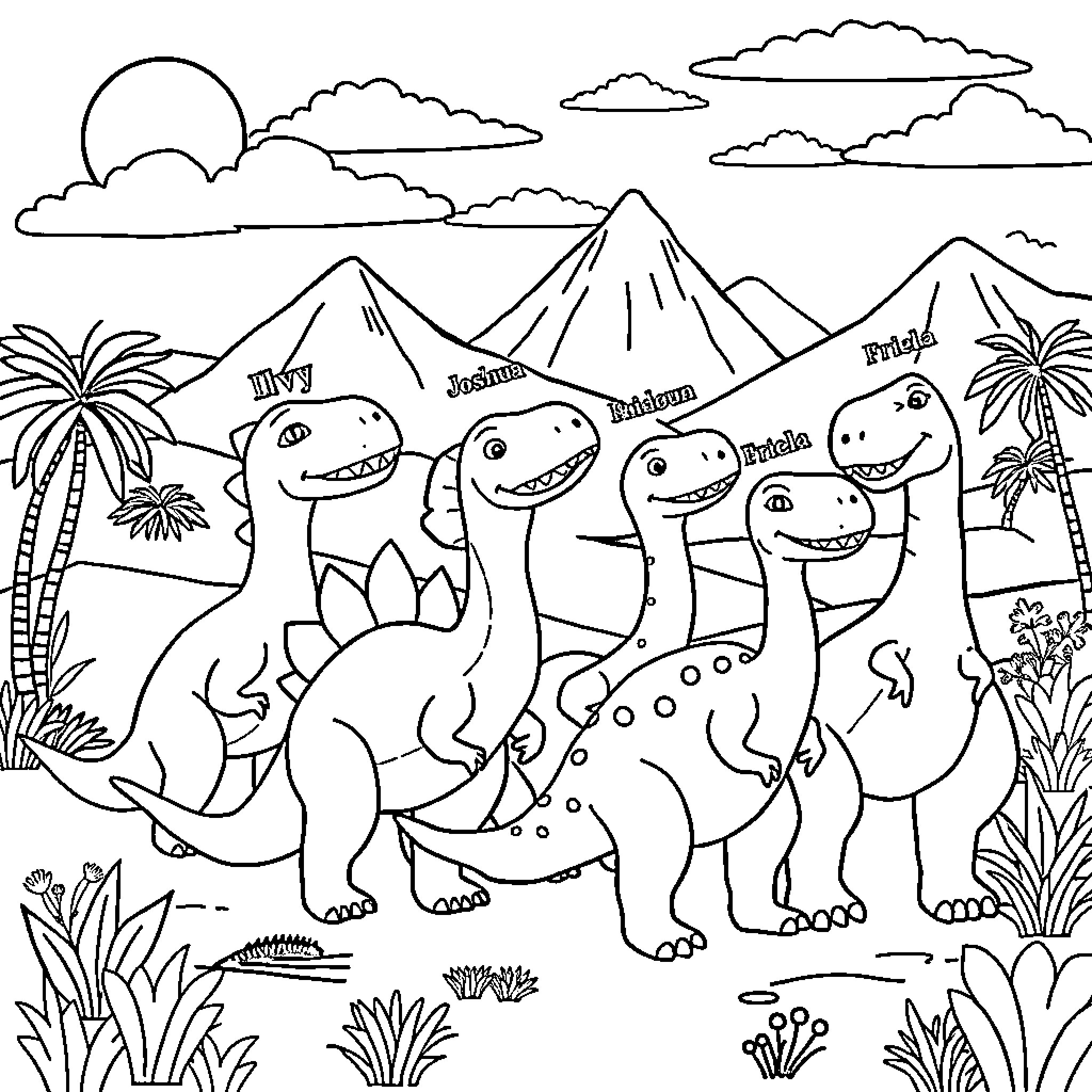 Dinosaurs exploring scenic mountain landscape Coloring Page (free black-and-white line drawing printable PDF for all, from beginners to advanced learners, including children, teens, adults, and seniors)