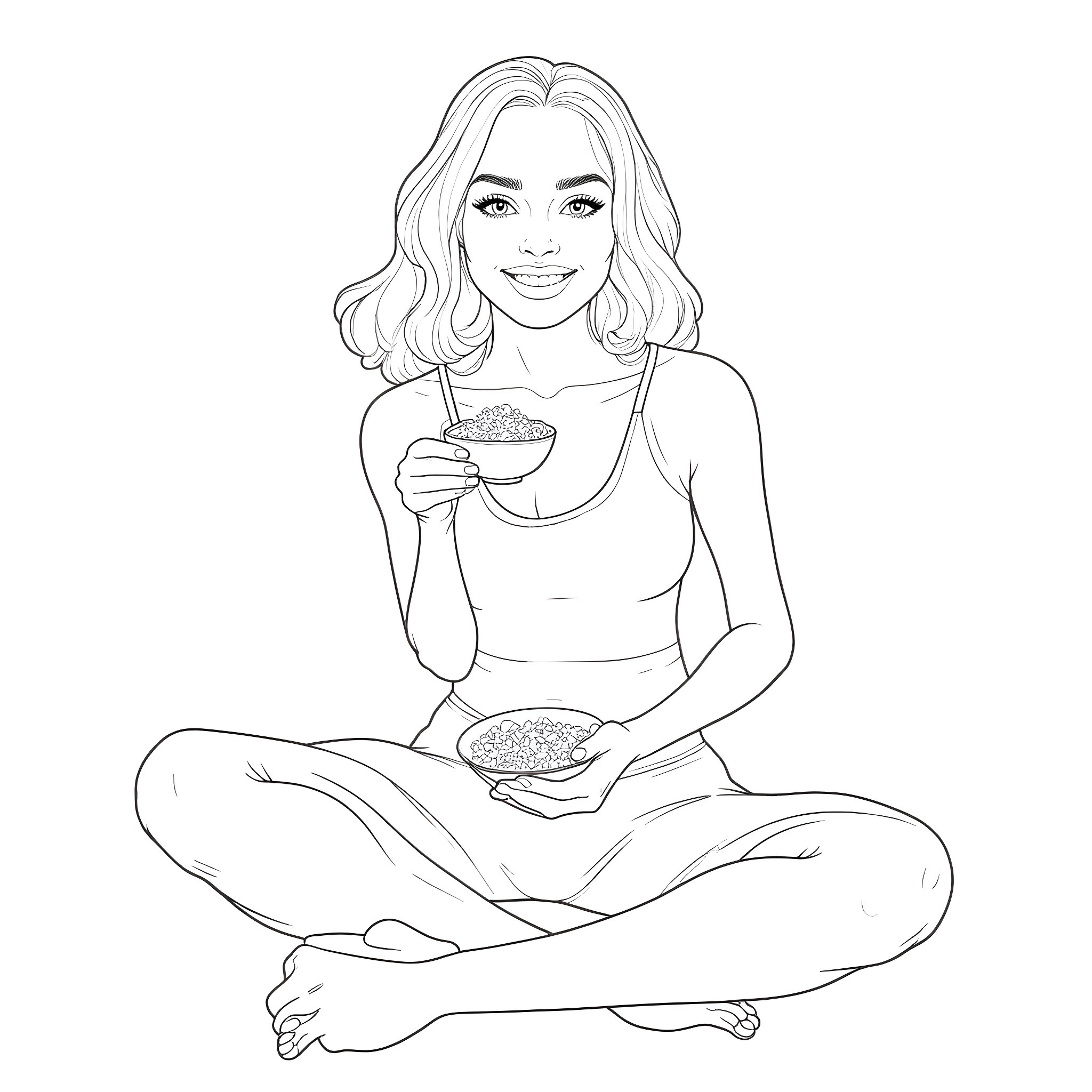 Natalie Portman enjoying a healthy snack Coloring Page (free black-and-white line drawing printable PDF for all, from beginners to advanced learners, including children, teens, adults, and seniors)