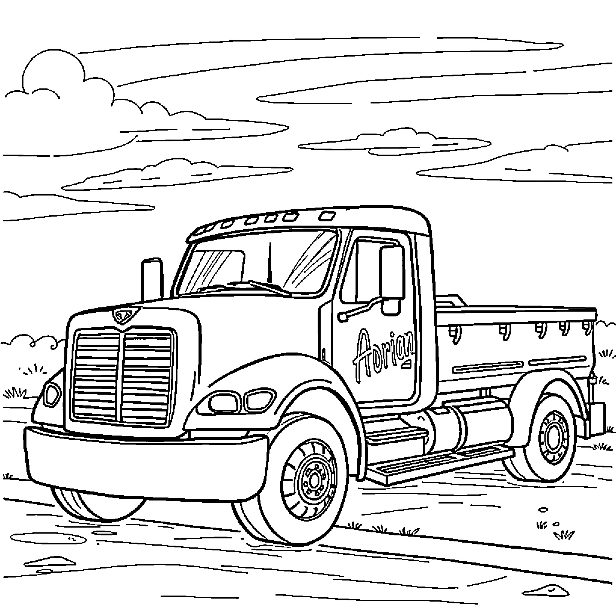 Truck on the open road under cloudy sky Coloring Page (free black-and-white line drawing printable PDF for all, from beginners to advanced learners, including children, teens, adults, and seniors)