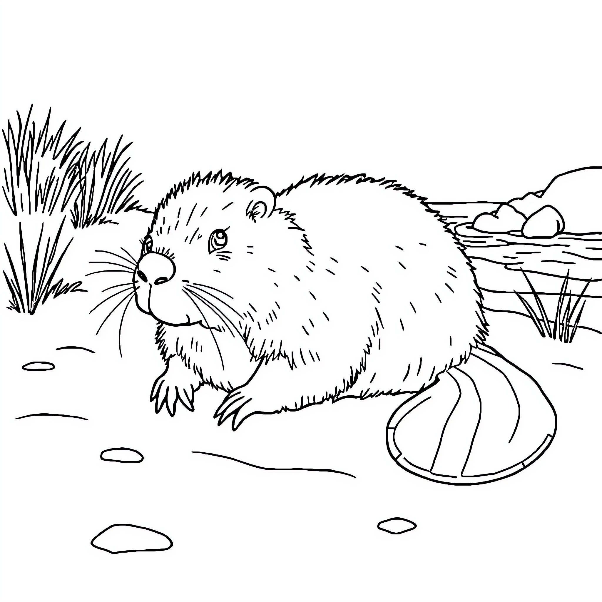 Beaver Building a Dam in Nature Coloring Page (free black-and-white line drawing printable PDF for all, from beginners to advanced learners, including children, teens, adults, and seniors)