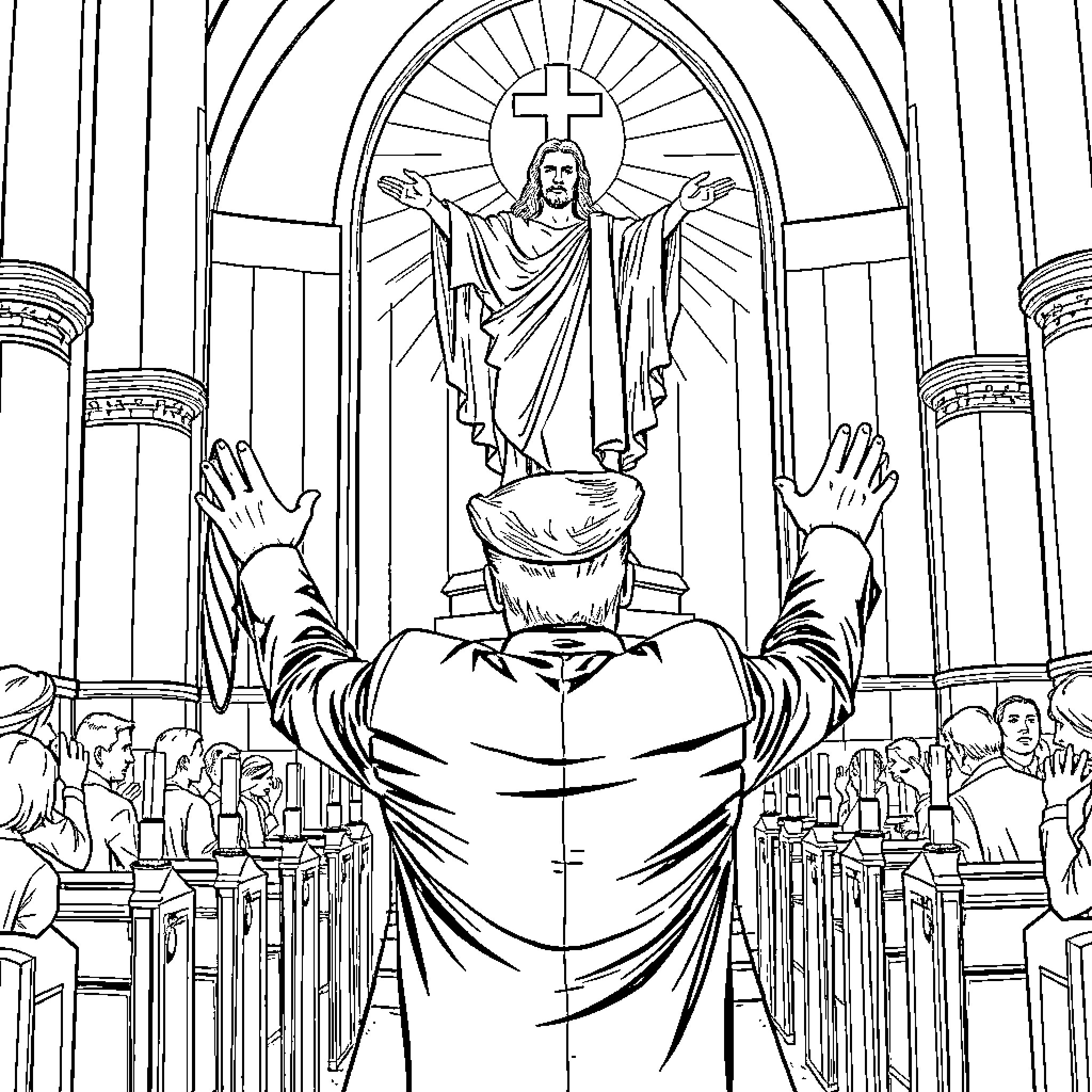 Trump's Holy Devotion in Religious Ceremony Coloring Page (free black-and-white line drawing printable PDF for all, from beginners to advanced learners, including children, teens, adults, and seniors)