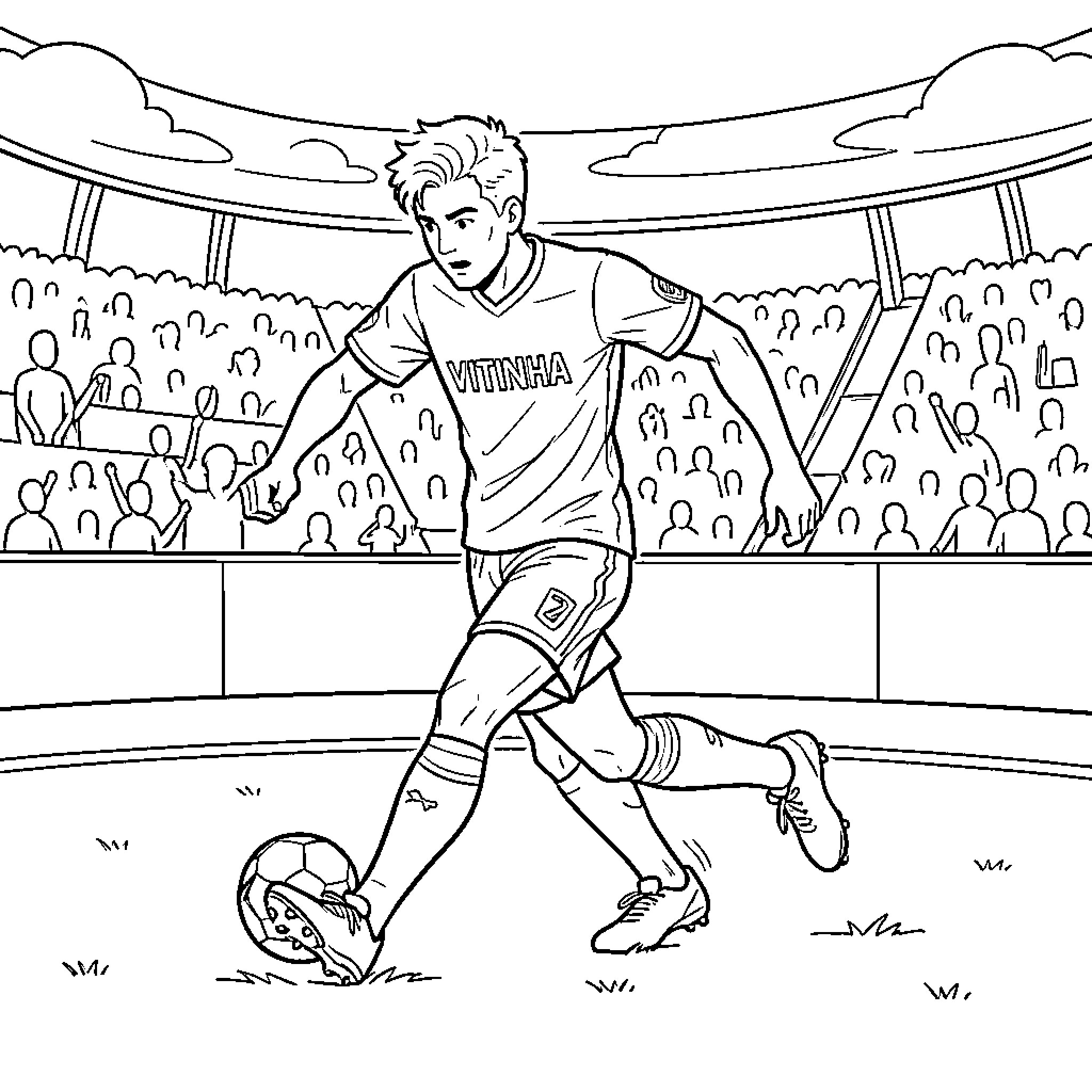 VITINHA playing football on the field Coloring Page (free black-and-white line drawing printable PDF for all, from beginners to advanced learners, including children, teens, adults, and seniors)