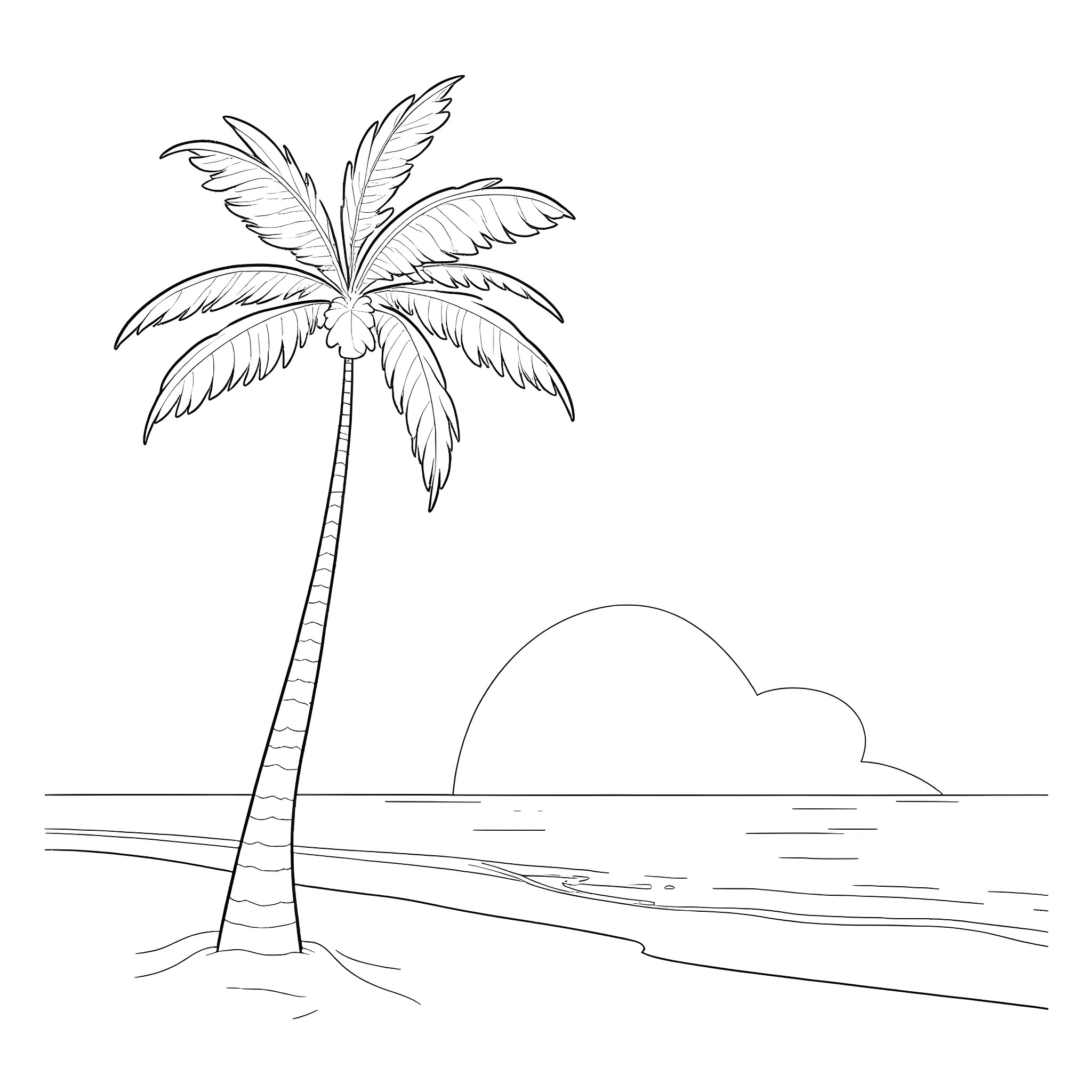Palm Tree Against Sunset Horizon Coloring Page (free black-and-white line drawing printable PDF for all, from beginners to advanced learners, including children, teens, adults, and seniors)