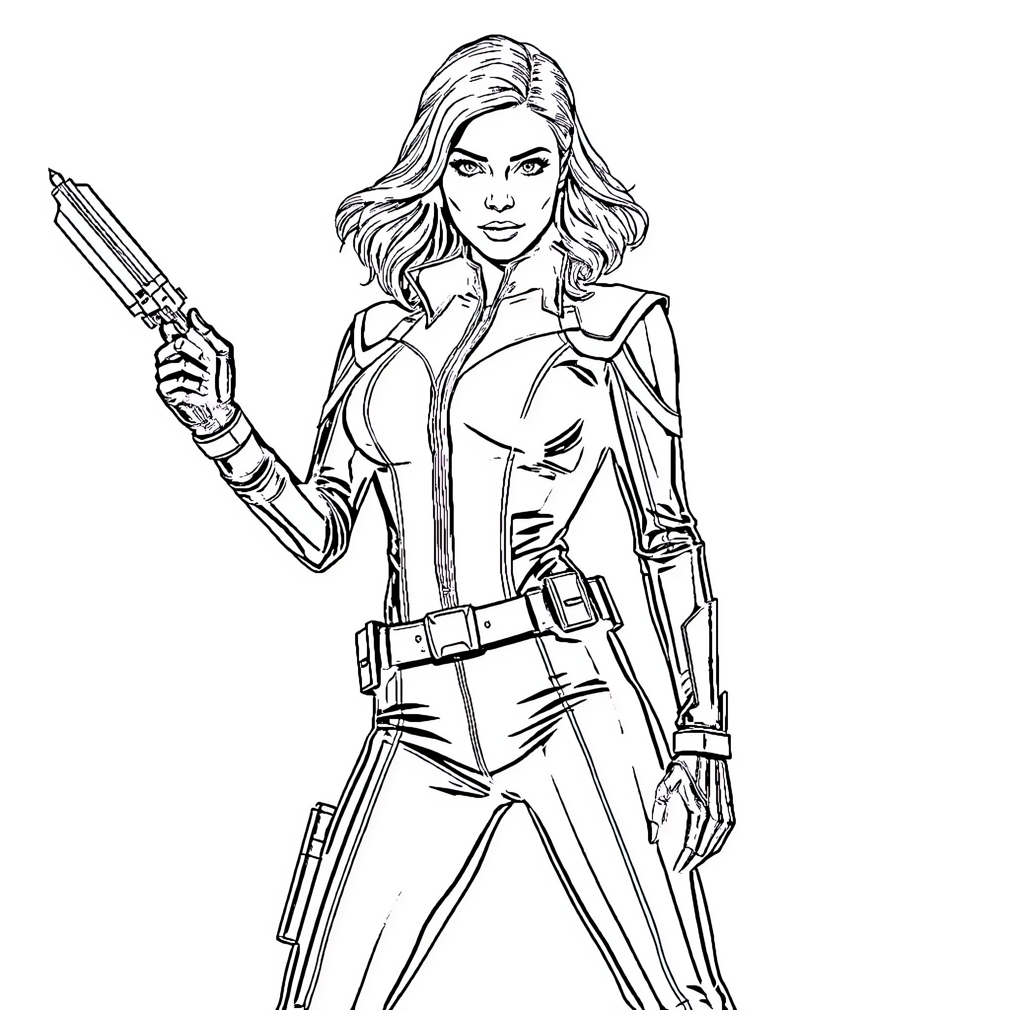 Scarlett Johansson as a Powerful Spy in Action Coloring Page (free black-and-white line drawing printable PDF for all, from beginners to advanced learners, including children, teens, adults, and seniors)