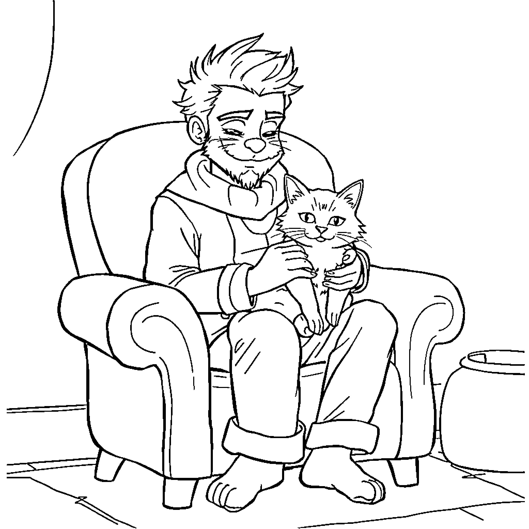 Alastor enjoys a moment of companionship with his feline friend Coloring Page (free black-and-white line drawing printable PDF for all, from beginners to advanced learners, including children, teens, adults, and seniors)