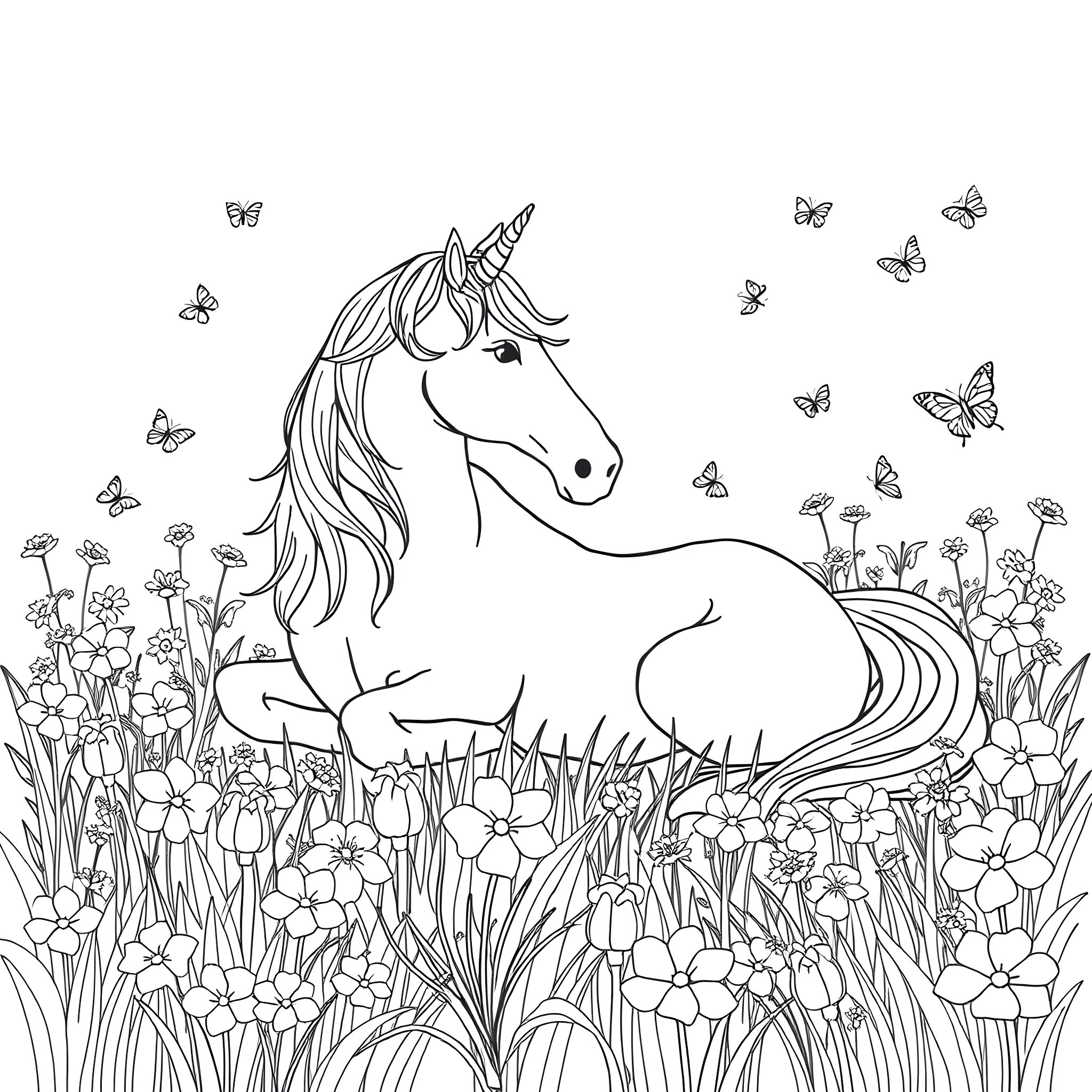 Unicorn resting in a magical flower meadow Coloring Page (free black-and-white line drawing printable PDF for all, from beginners to advanced learners, including children, teens, adults, and seniors)