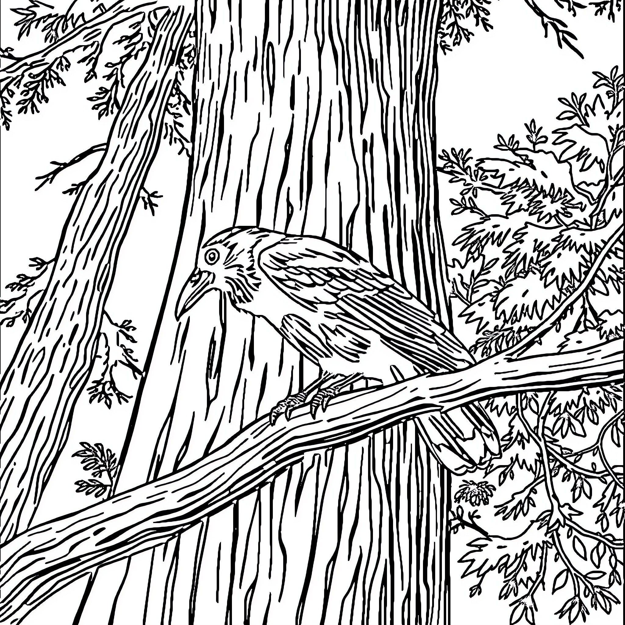 Crow perched on a branch in the forest Coloring Page (free black-and-white line drawing printable PDF for all, from beginners to advanced learners, including children, teens, adults, and seniors)