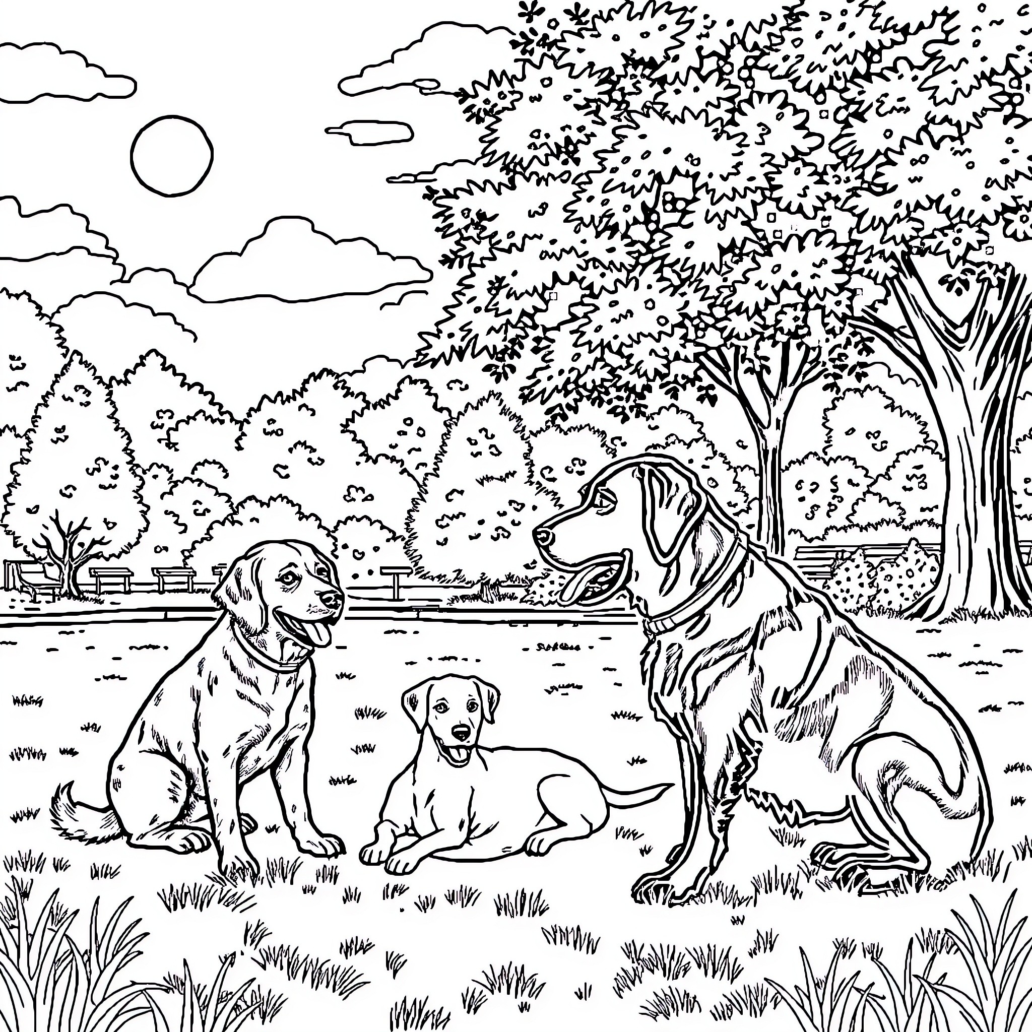 Dog family enjoying nature in the park Coloring Page (free black-and-white line drawing printable PDF for all, from beginners to advanced learners, including children, teens, adults, and seniors)