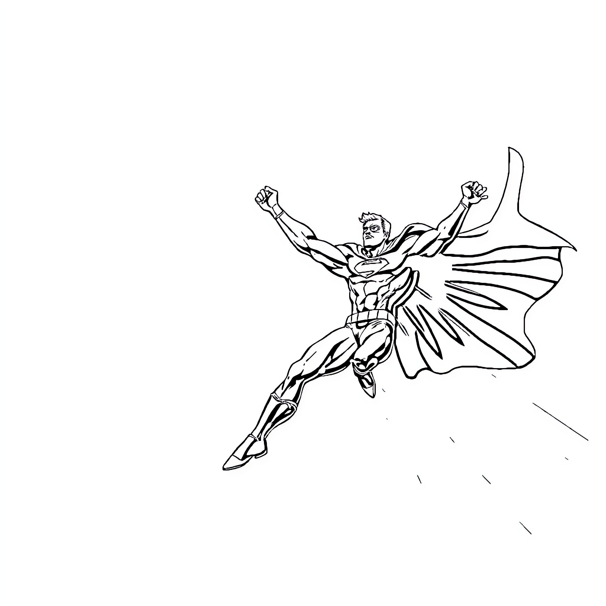 Super Hero soaring with outstretched arms Coloring Page (free black-and-white line drawing printable PDF for all, from beginners to advanced learners, including children, teens, adults, and seniors)