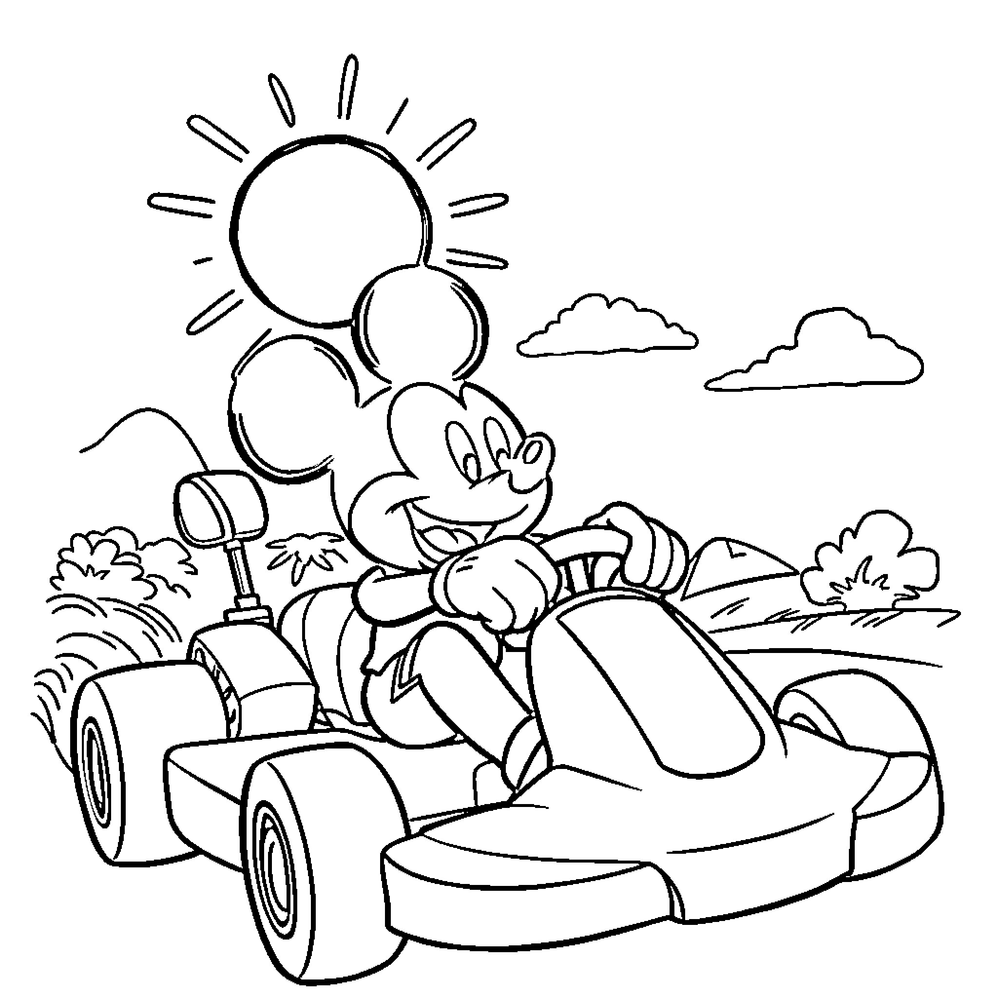 Mickey driving a race car in nature Coloring Page (free black-and-white line drawing printable PDF for all, from beginners to advanced learners, including children, teens, adults, and seniors)