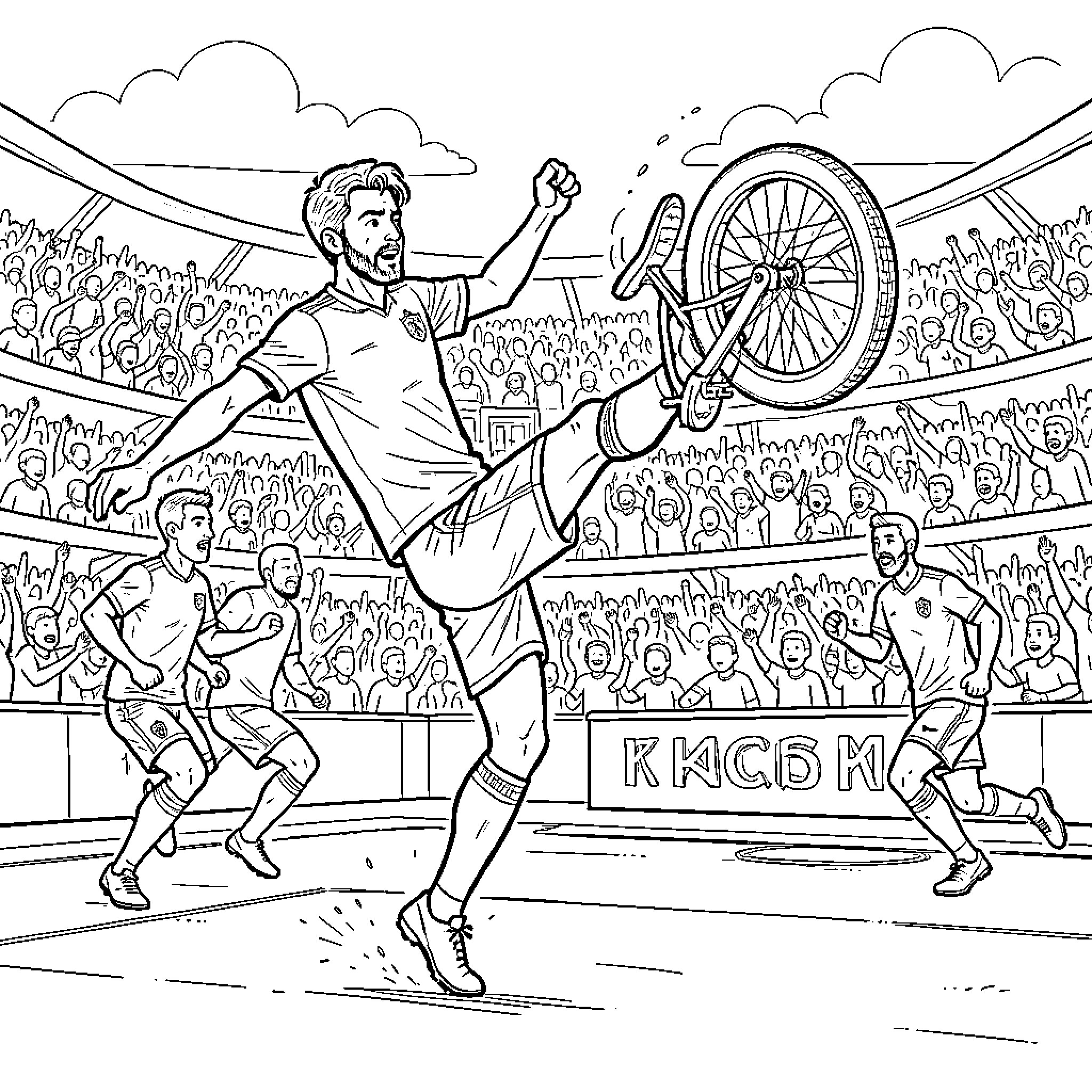 El Kaabi performing a bicycle kick in a stadium Coloring Page (free black-and-white line drawing printable PDF for all, from beginners to advanced learners, including children, teens, adults, and seniors)