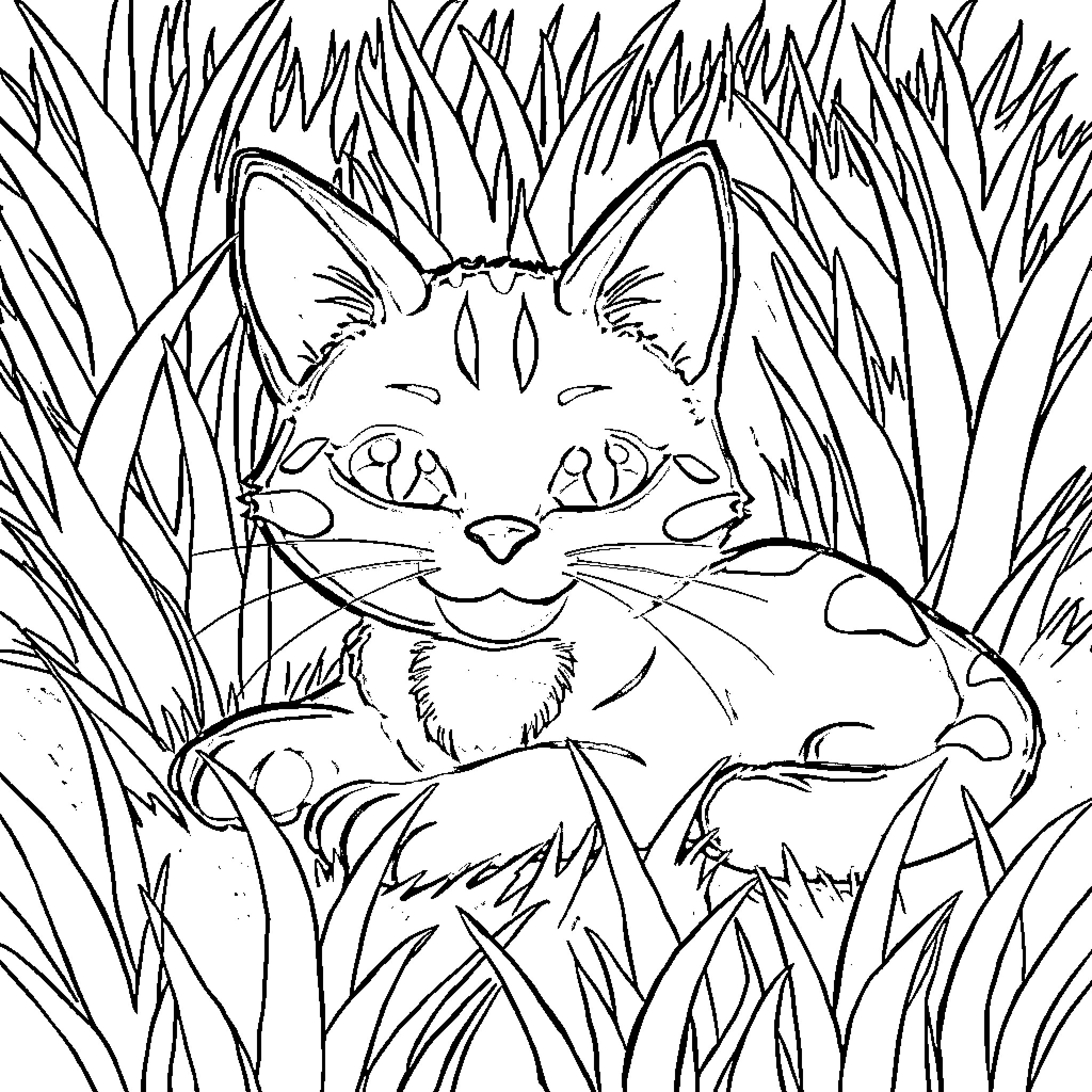 Cat hiding in the grass Coloring Page (free black-and-white line drawing printable PDF for all, from beginners to advanced learners, including children, teens, adults, and seniors)