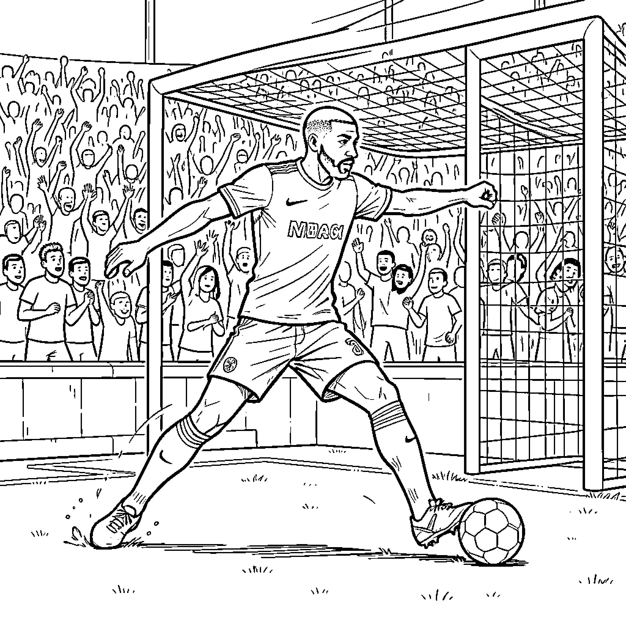 Mbappe kicking a soccer ball into the goal Coloring Page (free black-and-white line drawing printable PDF for all, from beginners to advanced learners, including children, teens, adults, and seniors)
