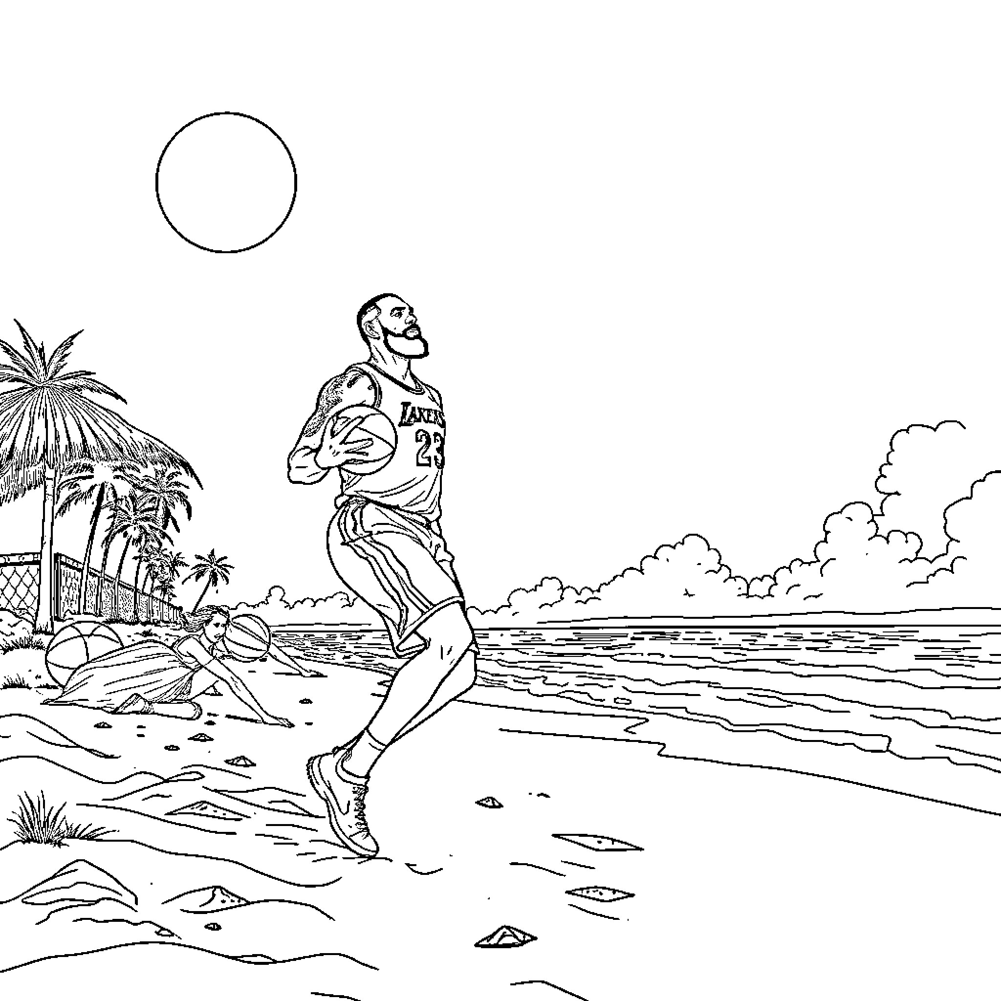 LeBron running on the beach Coloring Page (free black-and-white line drawing printable PDF for all, from beginners to advanced learners, including children, teens, adults, and seniors)