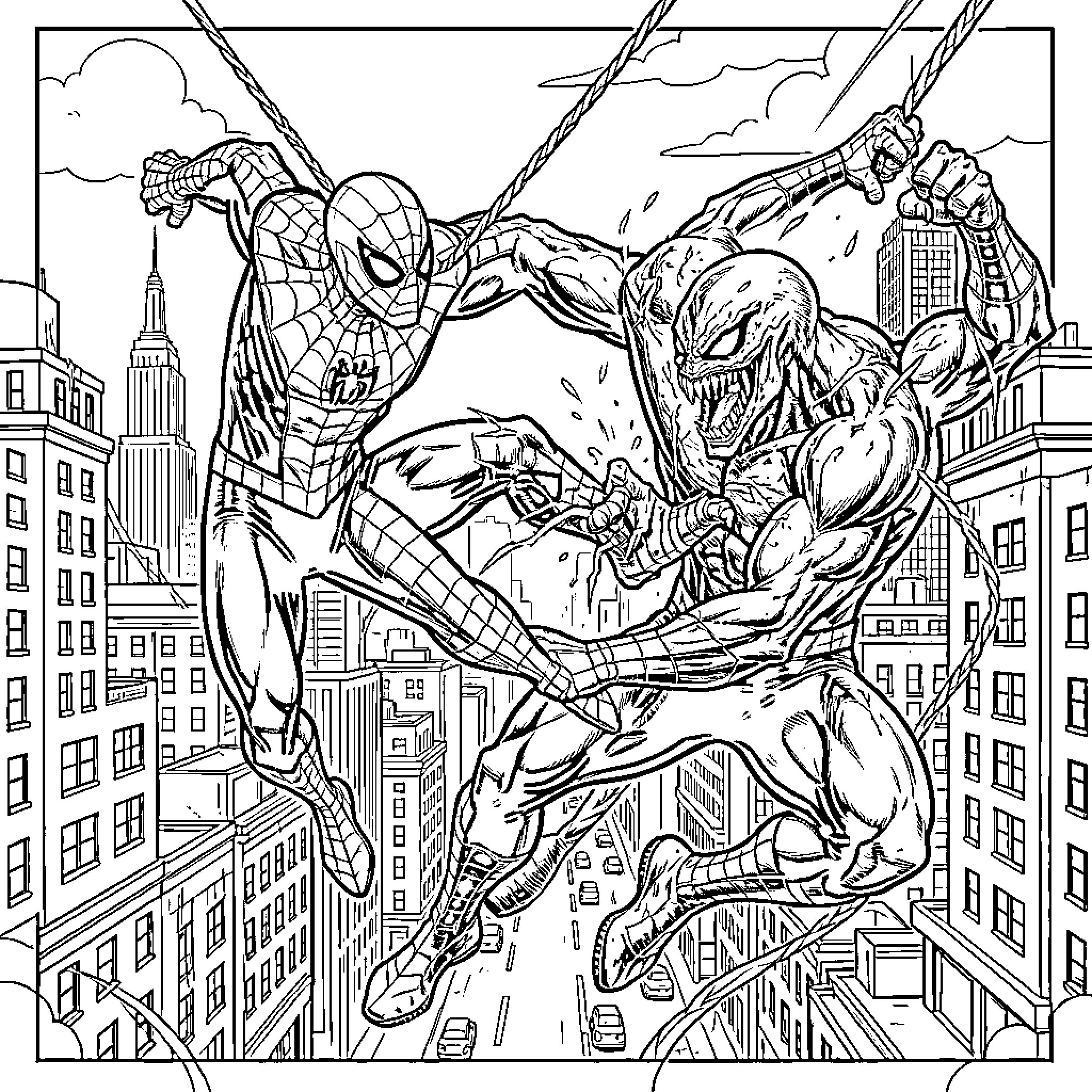 Spiderman fighting Venom mid-air above a city skyline Coloring Page (free black-and-white line drawing printable PDF for all, from beginners to advanced learners, including children, teens, adults, and seniors)