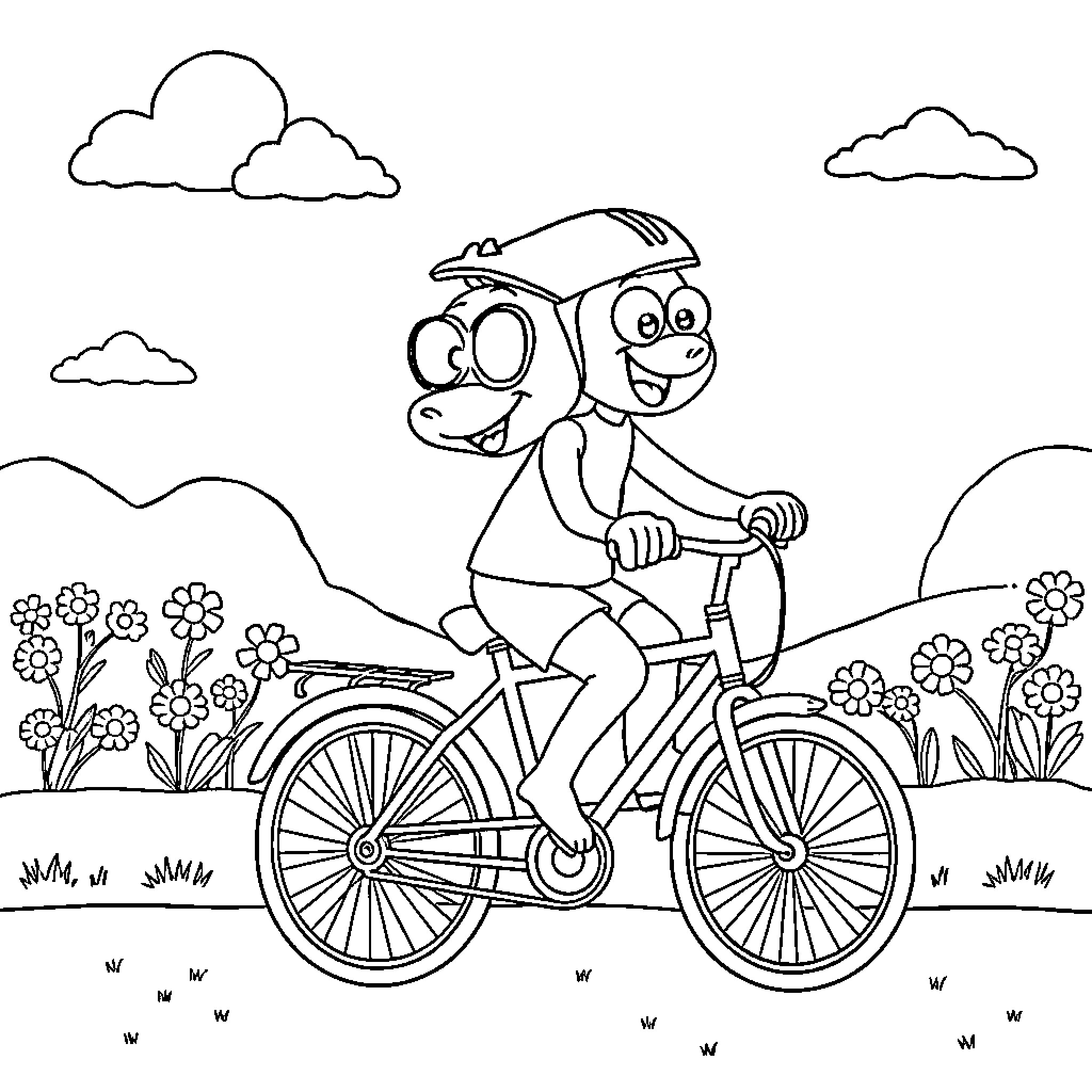 Bingo's Bicycle Adventure in the Countryside Coloring Page (free black-and-white line drawing printable PDF for all, from beginners to advanced learners, including children, teens, adults, and seniors)