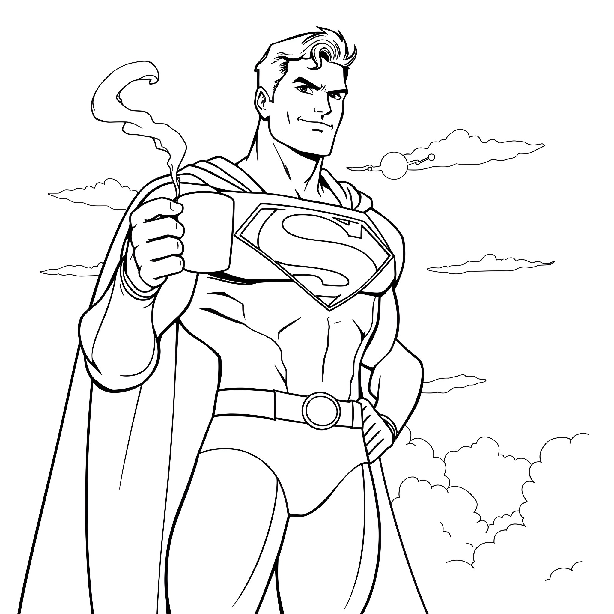 Superman standing tall and heroic Coloring Page (free black-and-white line drawing printable PDF for all, from beginners to advanced learners, including children, teens, adults, and seniors)