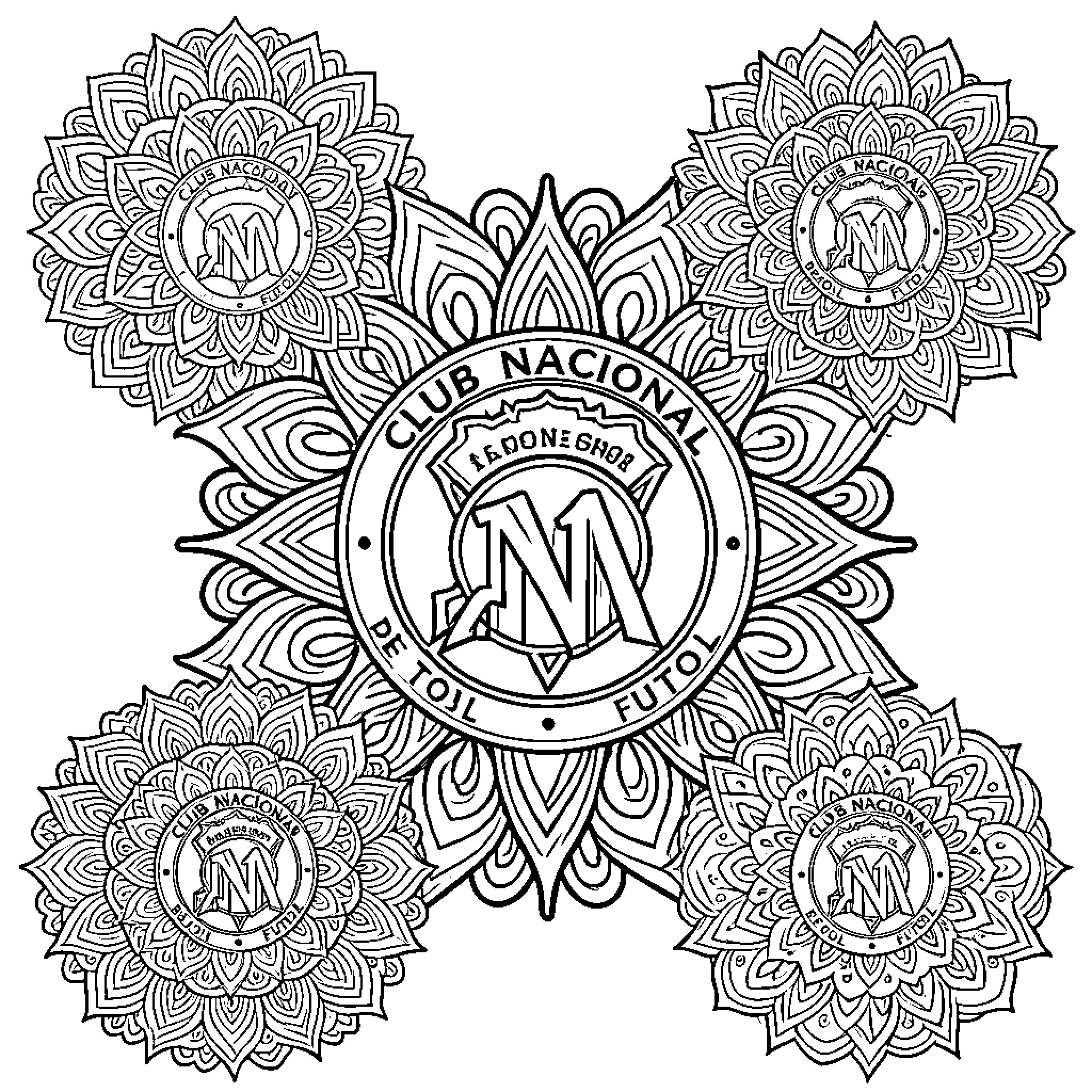 Mandalas featuring ornate designs and symbols Coloring Page (free black-and-white line drawing printable PDF for all, from beginners to advanced learners, including children, teens, adults, and seniors)