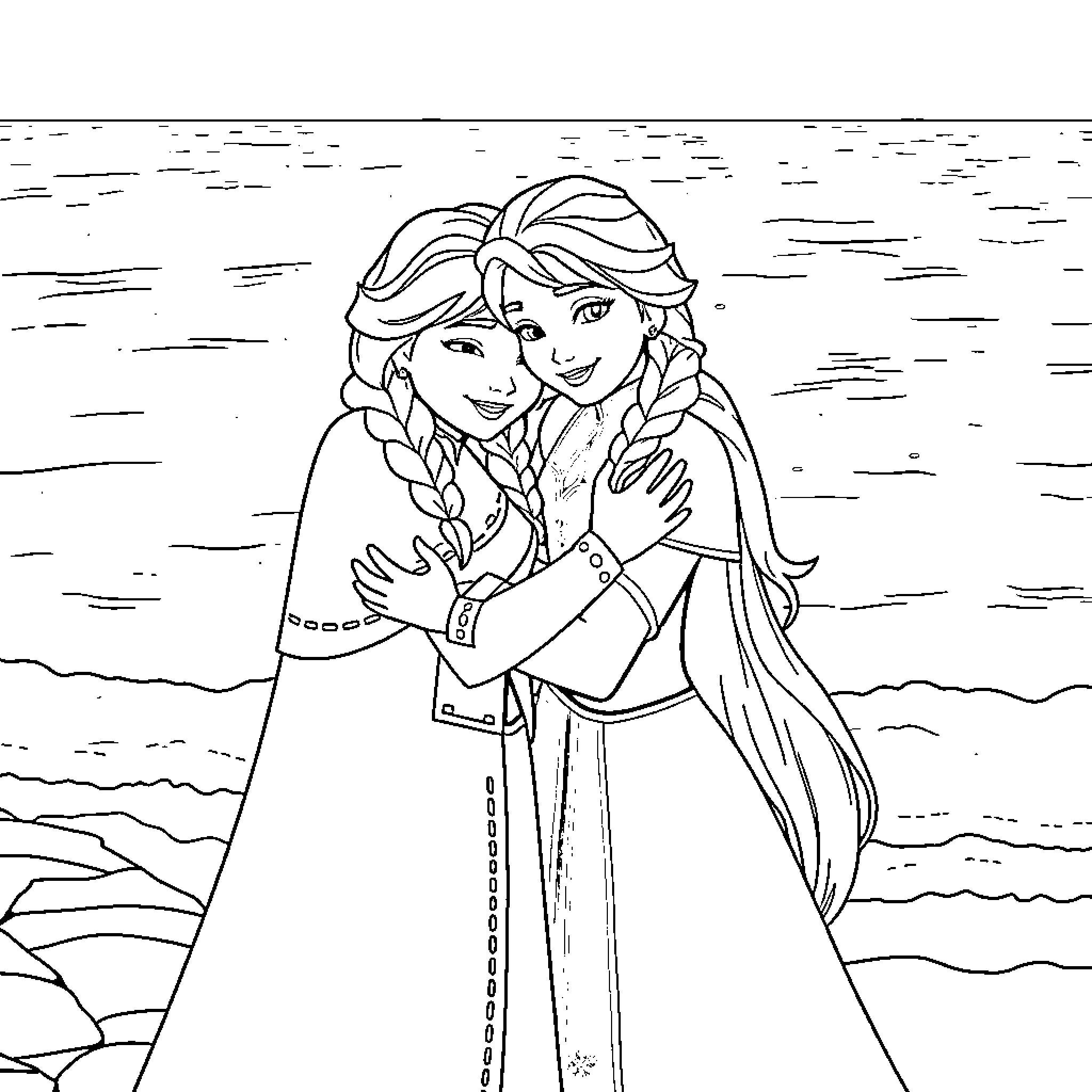 Anna embracing her sister on a winter landscape Coloring Page (free black-and-white line drawing printable PDF for all, from beginners to advanced learners, including children, teens, adults, and seniors)