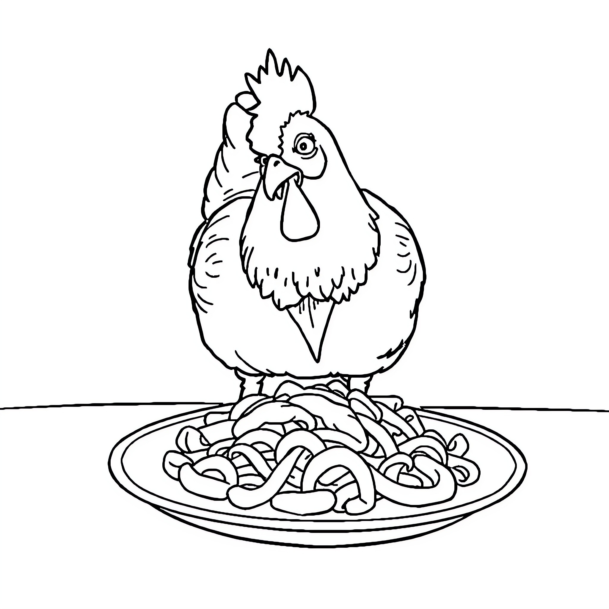 Chicken enjoying a delectable meal Coloring Page (free black-and-white line drawing printable PDF for all, from beginners to advanced learners, including children, teens, adults, and seniors)