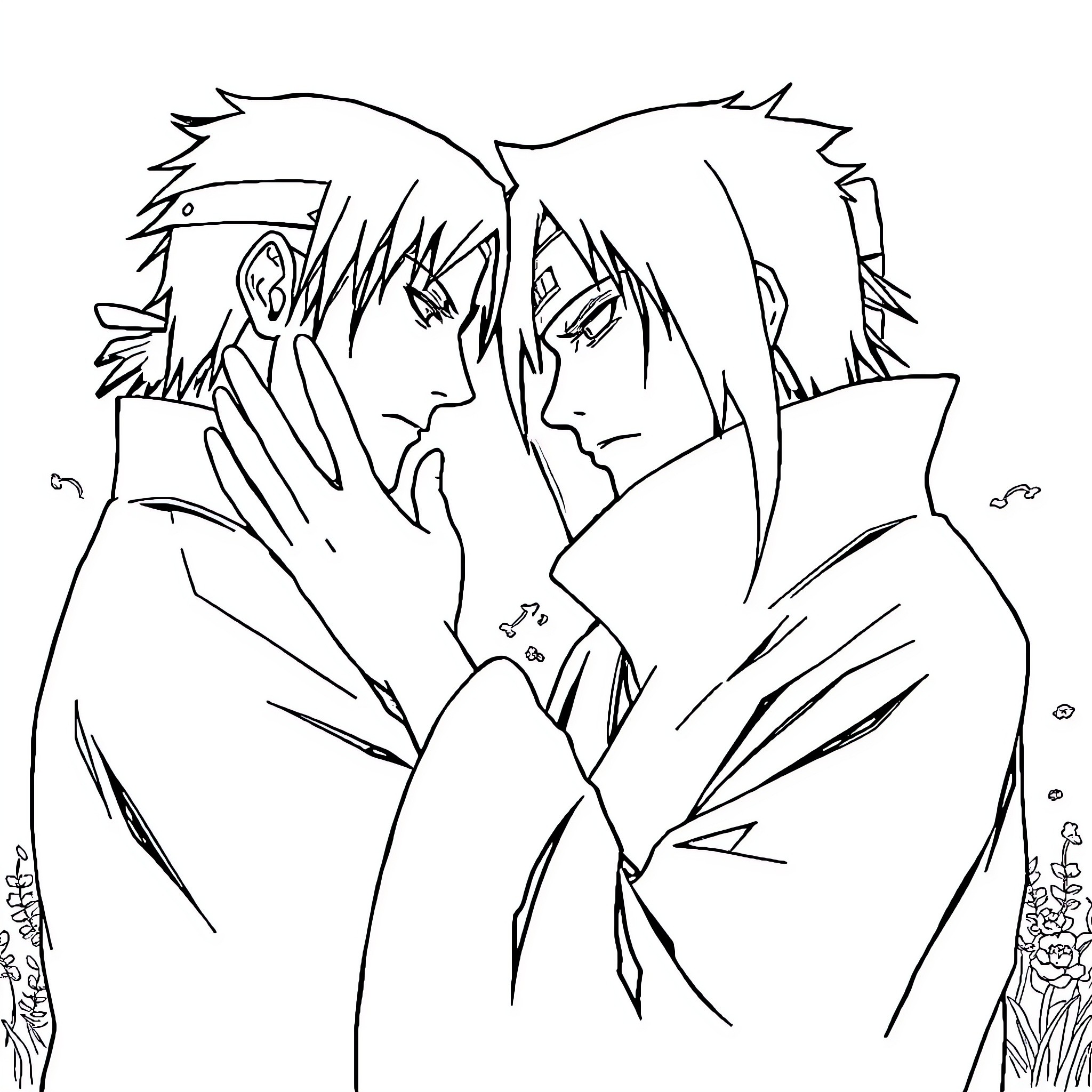 Itachi's Intense Encounter Coloring Page (free black-and-white line drawing printable PDF for all, from beginners to advanced learners, including children, teens, adults, and seniors)