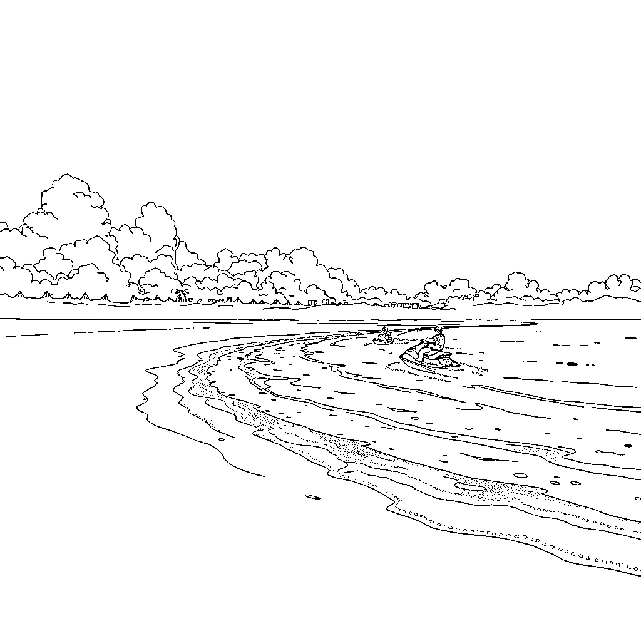 Beach scene with people enjoying the shoreline Coloring Page (free black-and-white line drawing printable PDF for all, from beginners to advanced learners, including children, teens, adults, and seniors)
