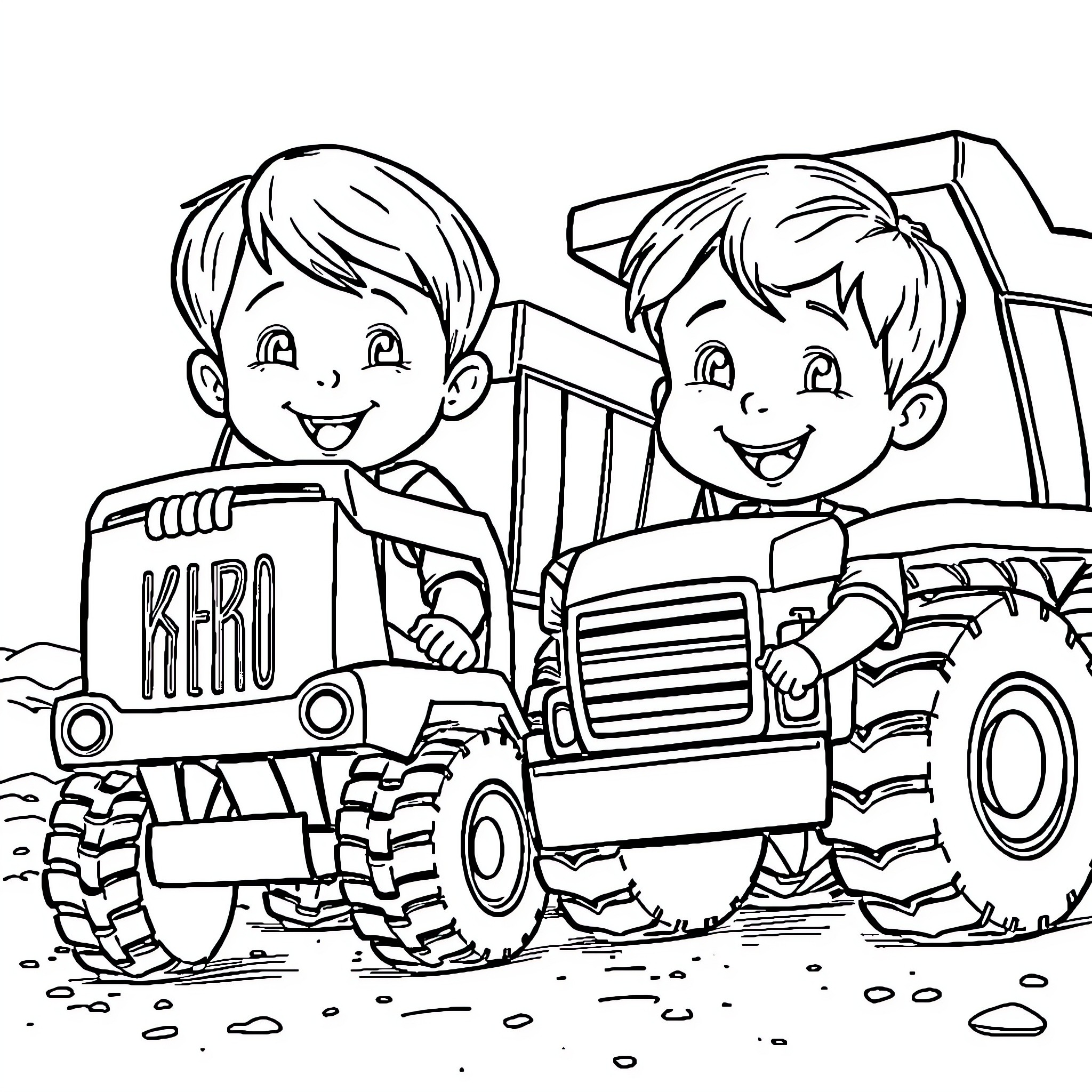 Boy Driving Tractor with Friend Coloring Page (free black-and-white line drawing printable PDF for all, from beginners to advanced learners, including children, teens, adults, and seniors)