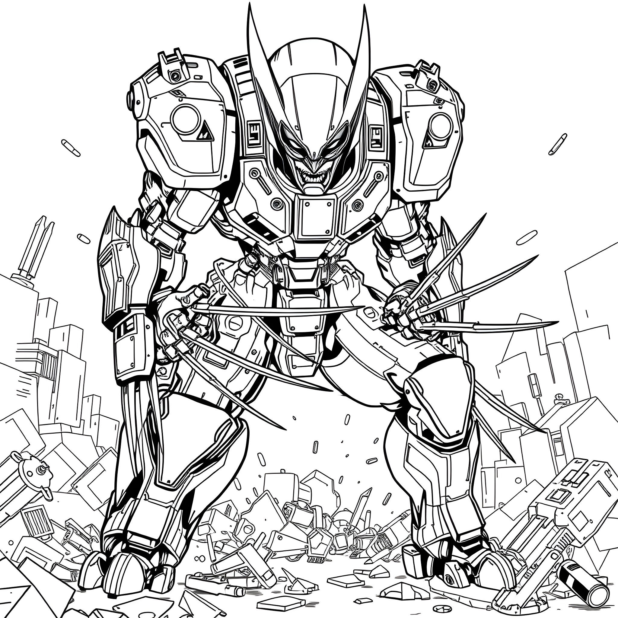 Mecha Wolverine Battles Through Rubble and Destruction Coloring Page (free black-and-white line drawing printable PDF for all, from beginners to advanced learners, including children, teens, adults, and seniors)