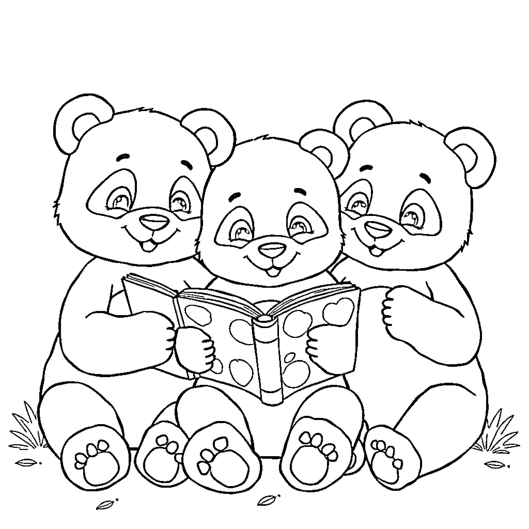 Panda bears reading a book together Coloring Page (free black-and-white line drawing printable PDF for all, from beginners to advanced learners, including children, teens, adults, and seniors)