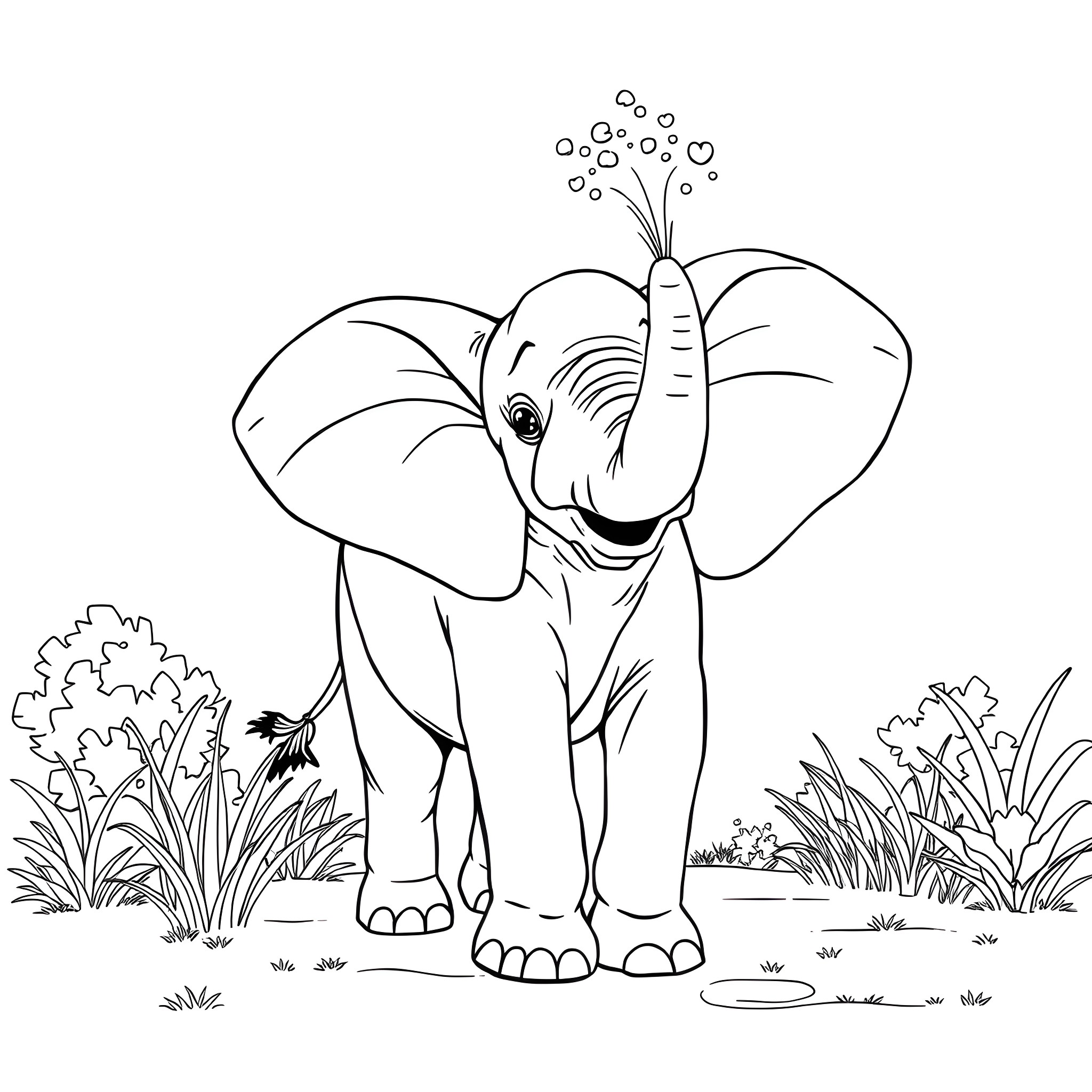 Elephant spraying water joyfully in nature Coloring Page (free black-and-white line drawing printable PDF for all, from beginners to advanced learners, including children, teens, adults, and seniors)
