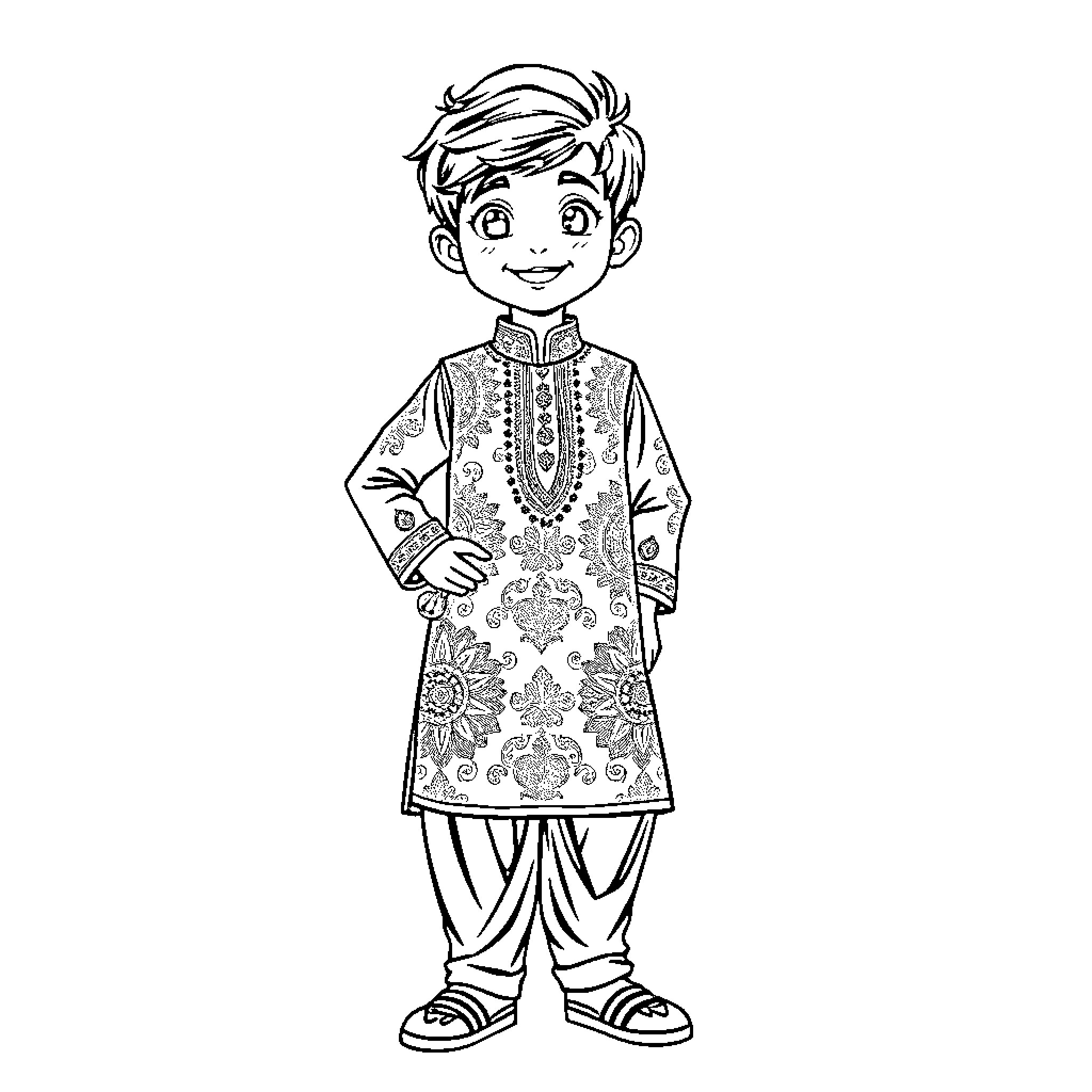 Anime Boy in Traditional Ethnic Outfit Coloring Page (free black-and-white line drawing printable PDF for all, from beginners to advanced learners, including children, teens, adults, and seniors)