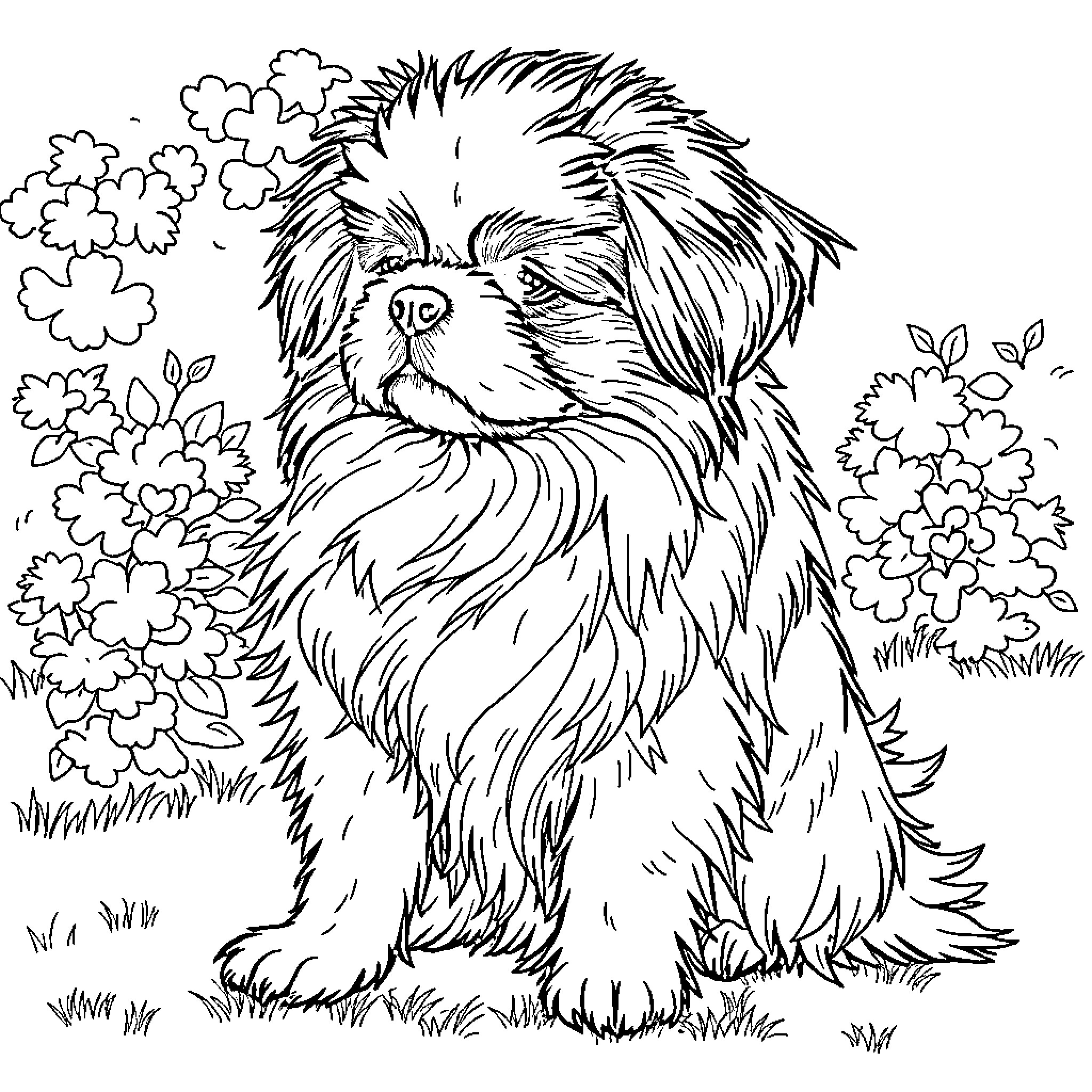 Japanese Chin sitting among flowers Coloring Page (free black-and-white line drawing printable PDF for all, from beginners to advanced learners, including children, teens, adults, and seniors)
