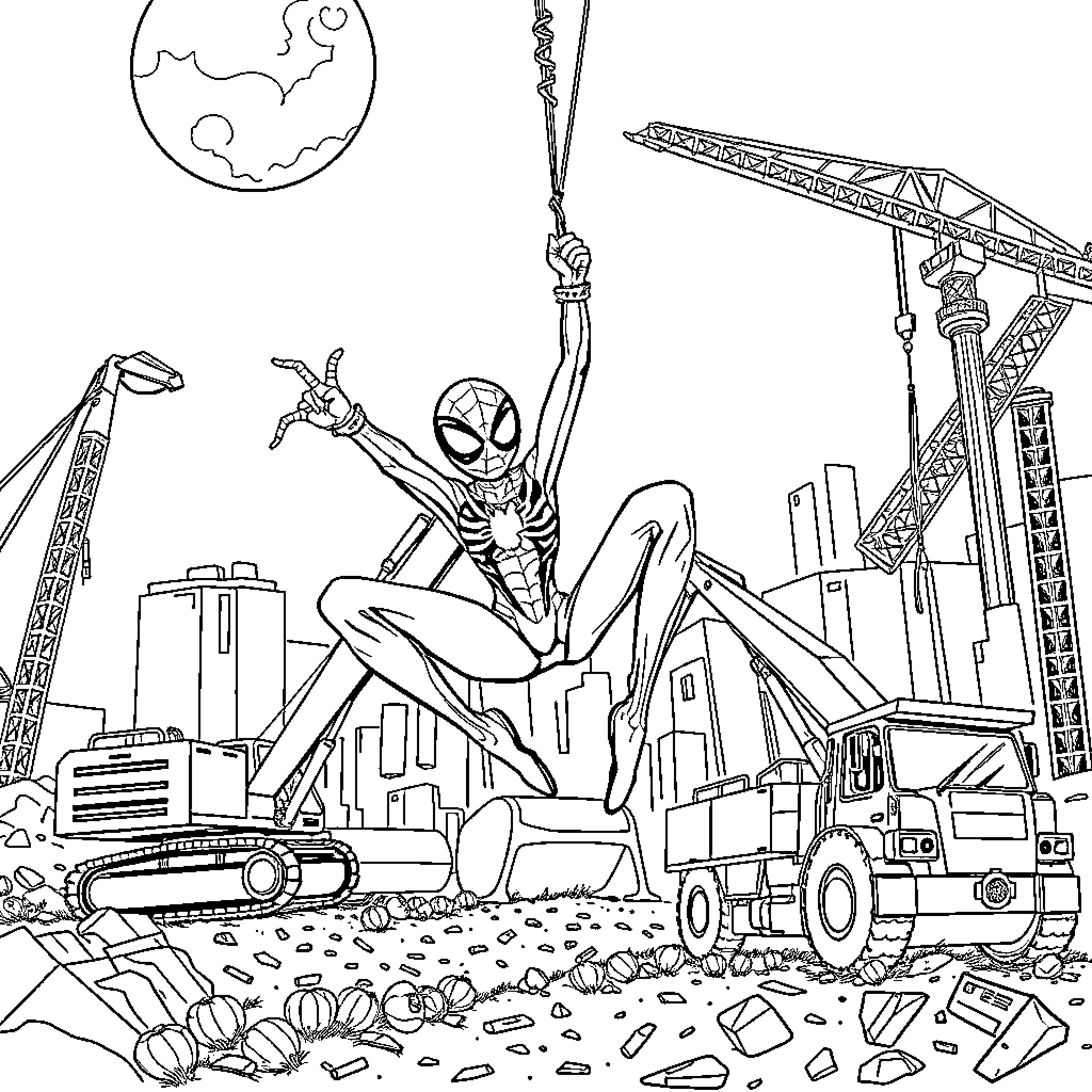Spiderman swinging through the city at night Coloring Page (free black-and-white line drawing printable PDF for all, from beginners to advanced learners, including children, teens, adults, and seniors)