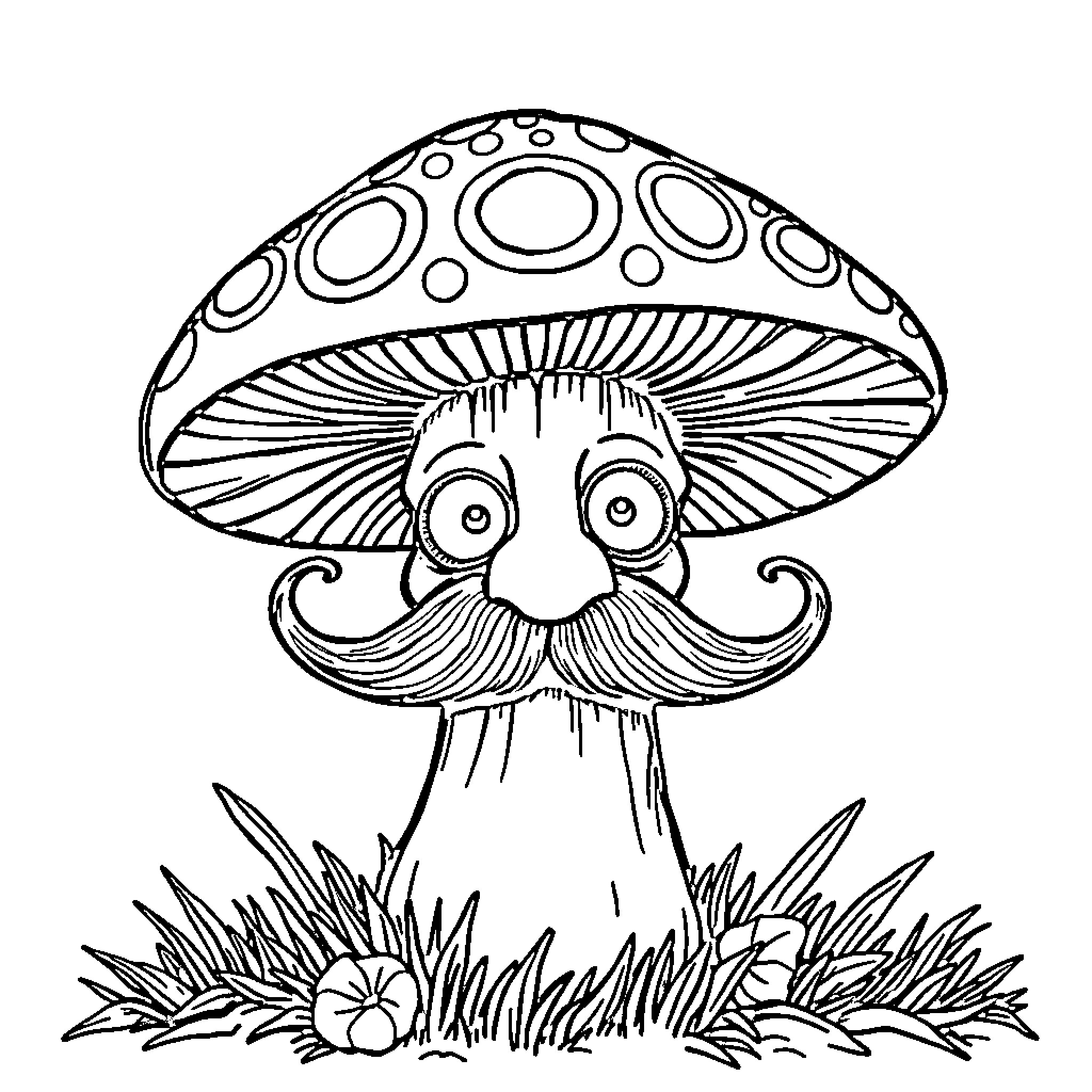 Mushroom with Whimsical Facial Features Coloring Page (free black-and-white line drawing printable PDF for all, from beginners to advanced learners, including children, teens, adults, and seniors)