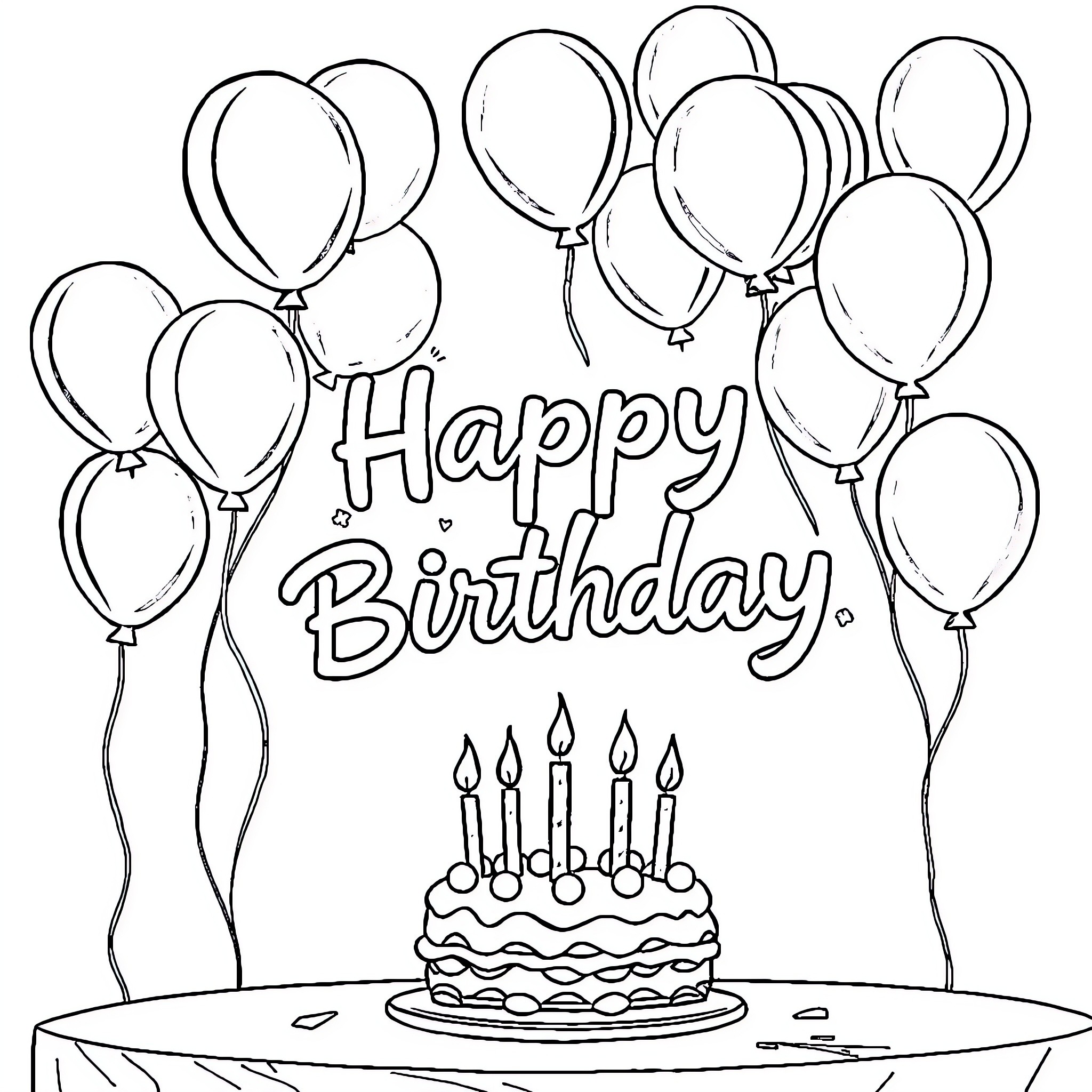 Birthday party with balloons and cake Coloring Page (free black-and-white line drawing printable PDF for all, from beginners to advanced learners, including children, teens, adults, and seniors)