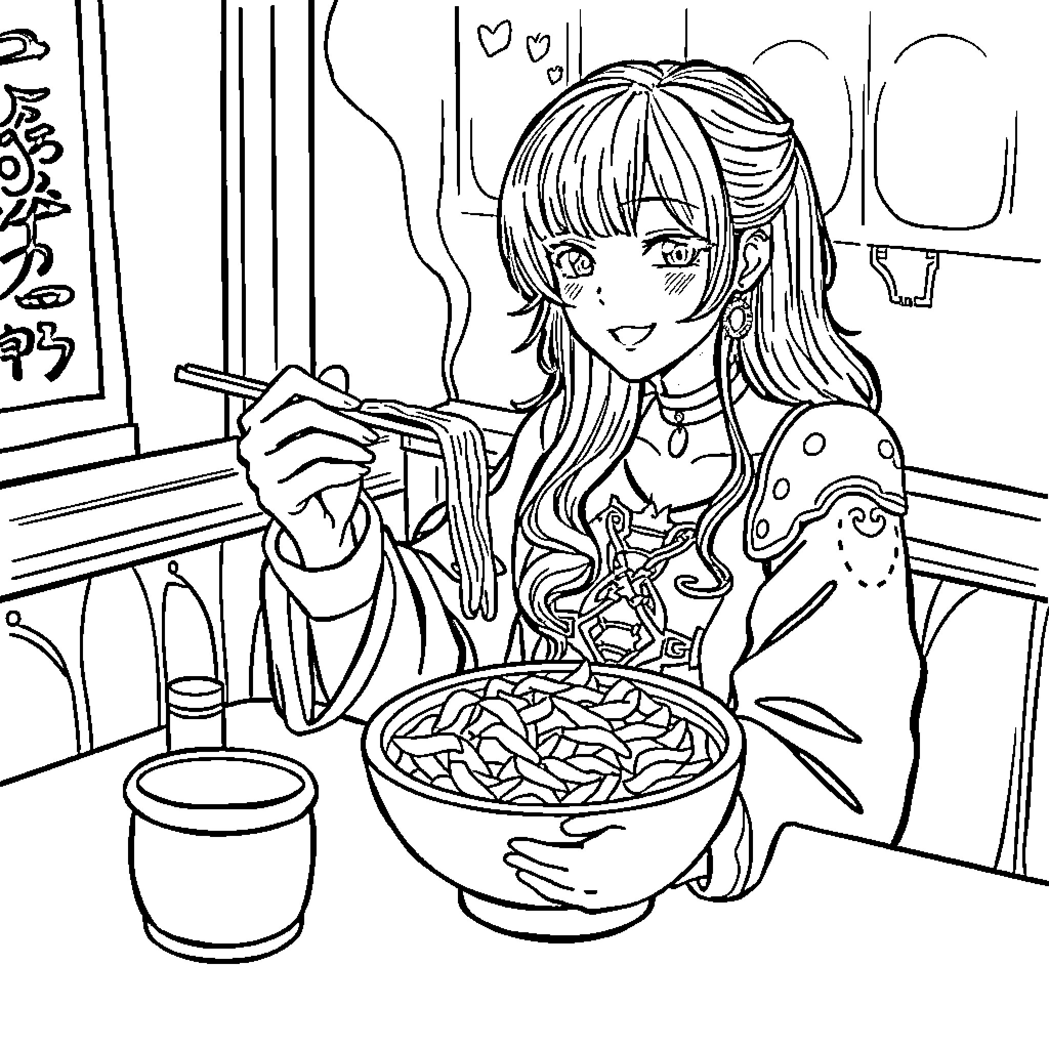 Rumi enjoying a bowl of noodles in a cozy setting Coloring Page (free black-and-white line drawing printable PDF for all, from beginners to advanced learners, including children, teens, adults, and seniors)