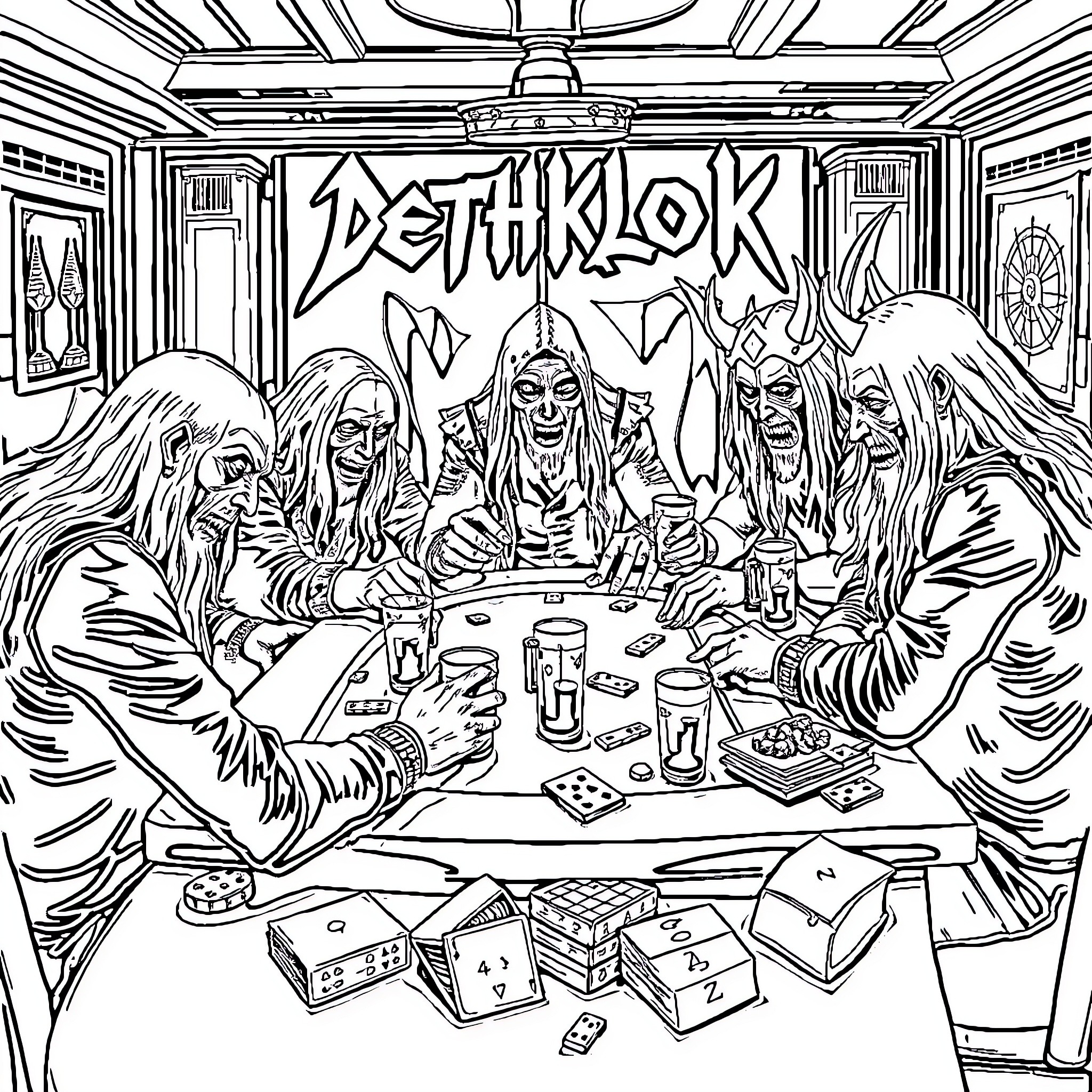 Dethklok band members in an intense meeting Coloring Page (free black-and-white line drawing printable PDF for all, from beginners to advanced learners, including children, teens, adults, and seniors)