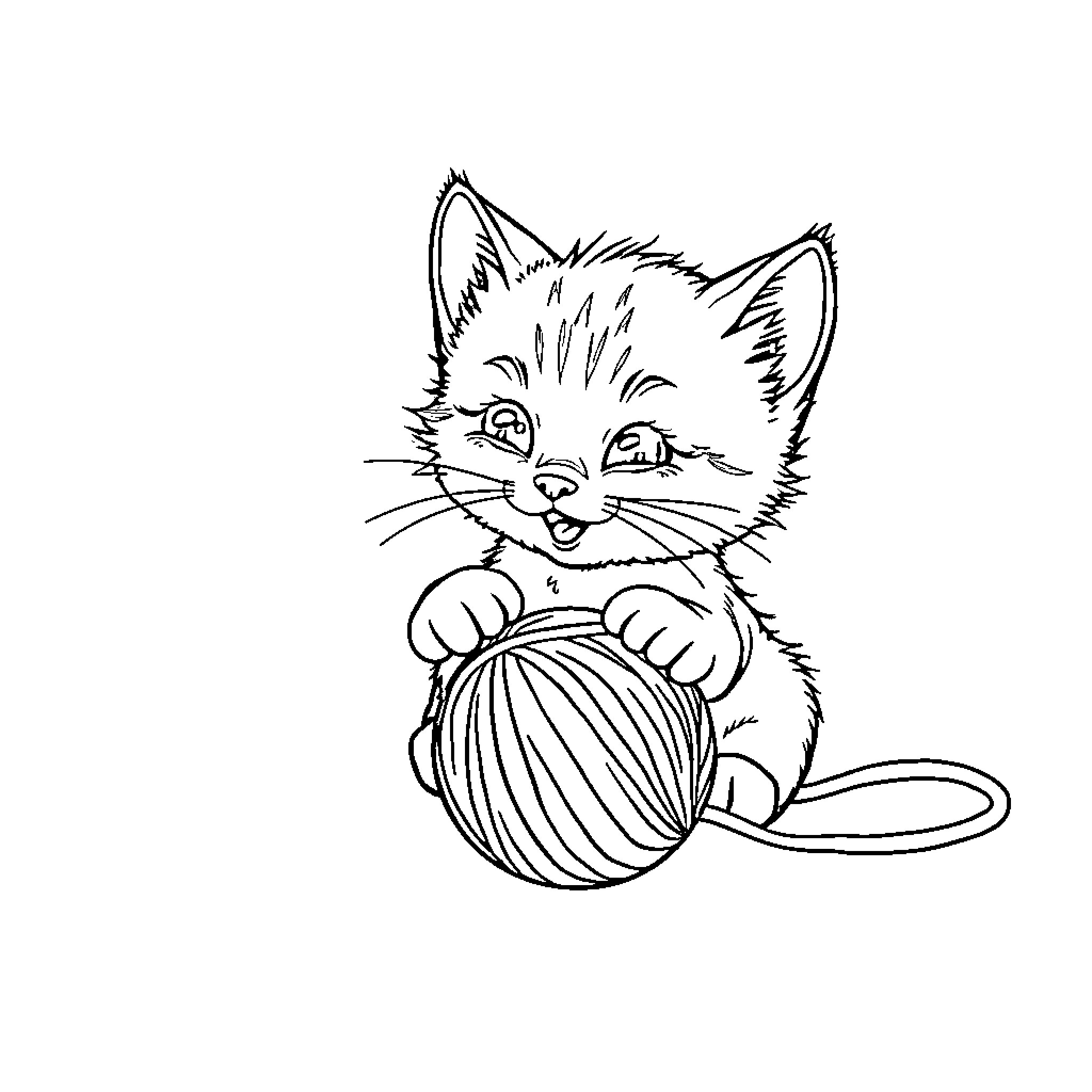 Kitten playing with yarn ball Coloring Page (free black-and-white line drawing printable PDF for all, from beginners to advanced learners, including children, teens, adults, and seniors)