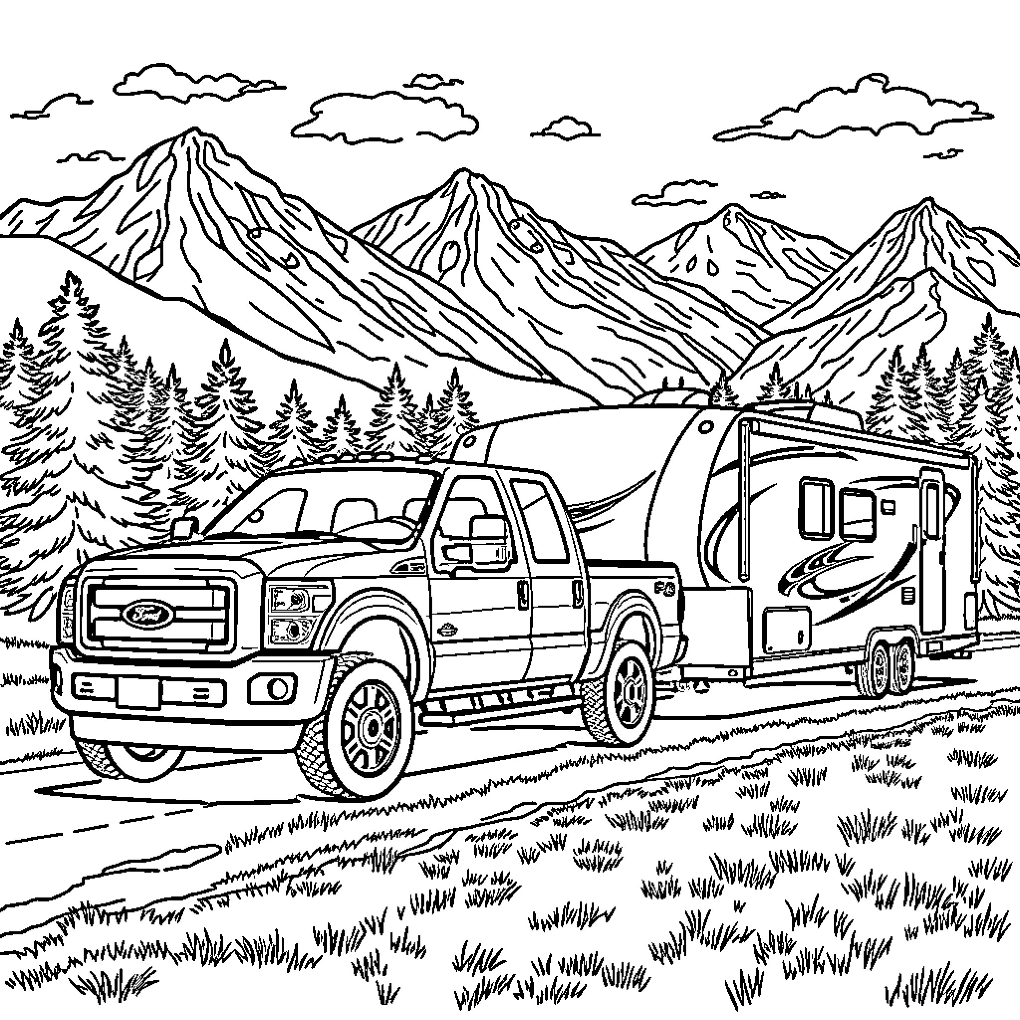 Ford F-250 towing camper through scenic mountain landscape Coloring Page (free black-and-white line drawing printable PDF for all, from beginners to advanced learners, including children, teens, adults, and seniors)