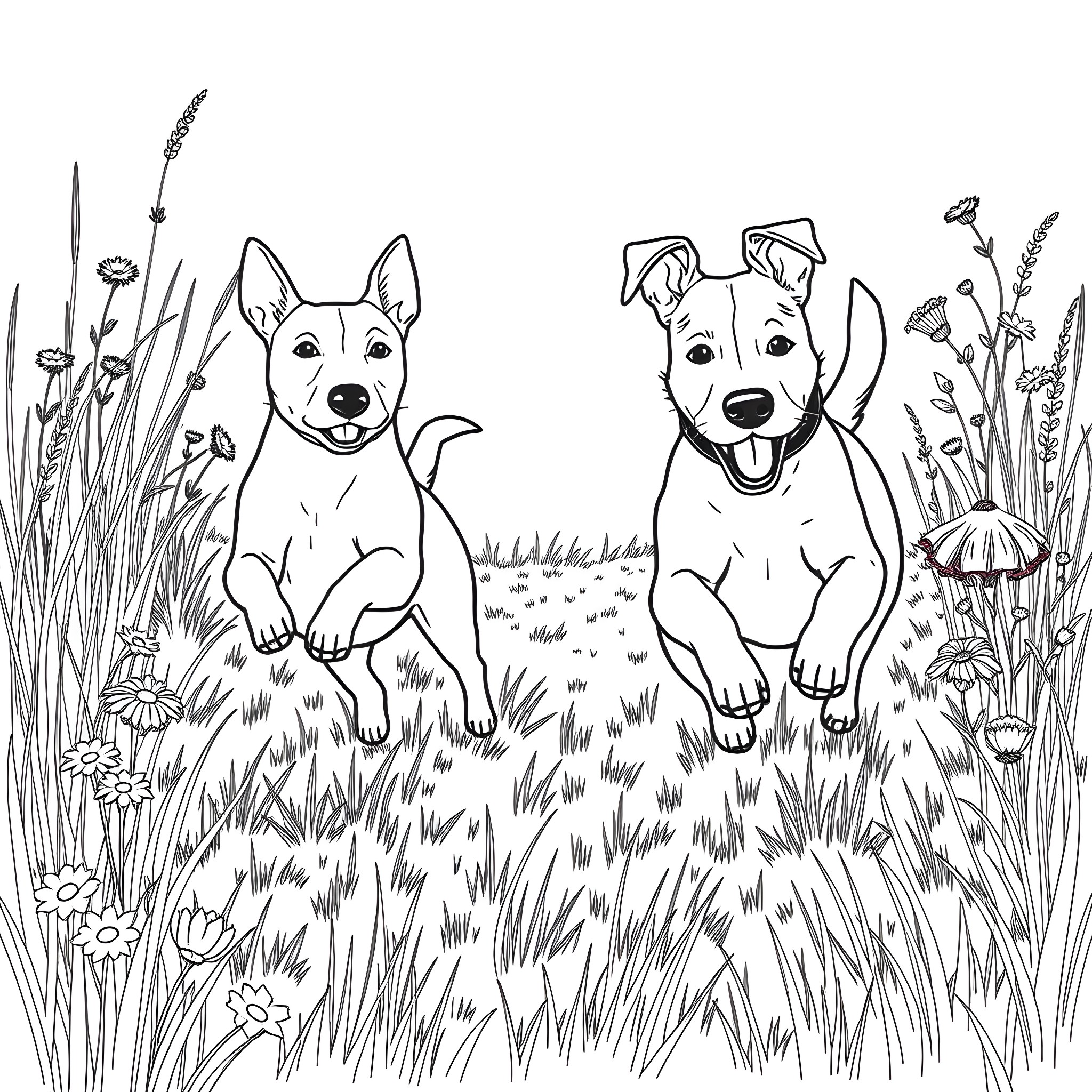 Jack Russell Terriers playing joyfully in a field of flowers Coloring Page (free black-and-white line drawing printable PDF for all, from beginners to advanced learners, including children, teens, adults, and seniors)
