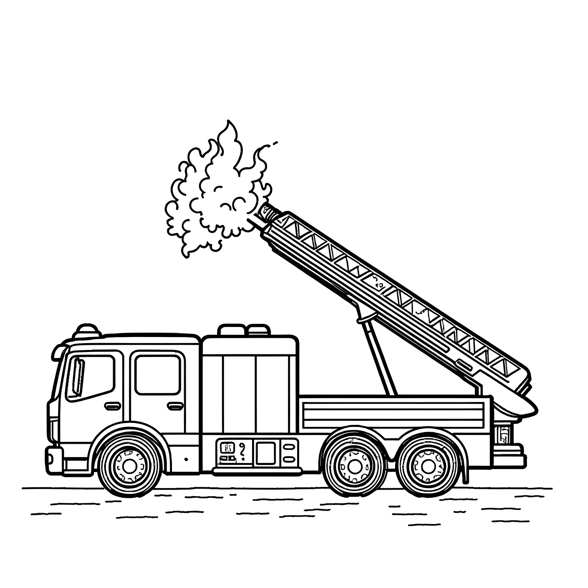 Firefighter's aerial ladder truck in action Coloring Page (free black-and-white line drawing printable PDF for all, from beginners to advanced learners, including children, teens, adults, and seniors)
