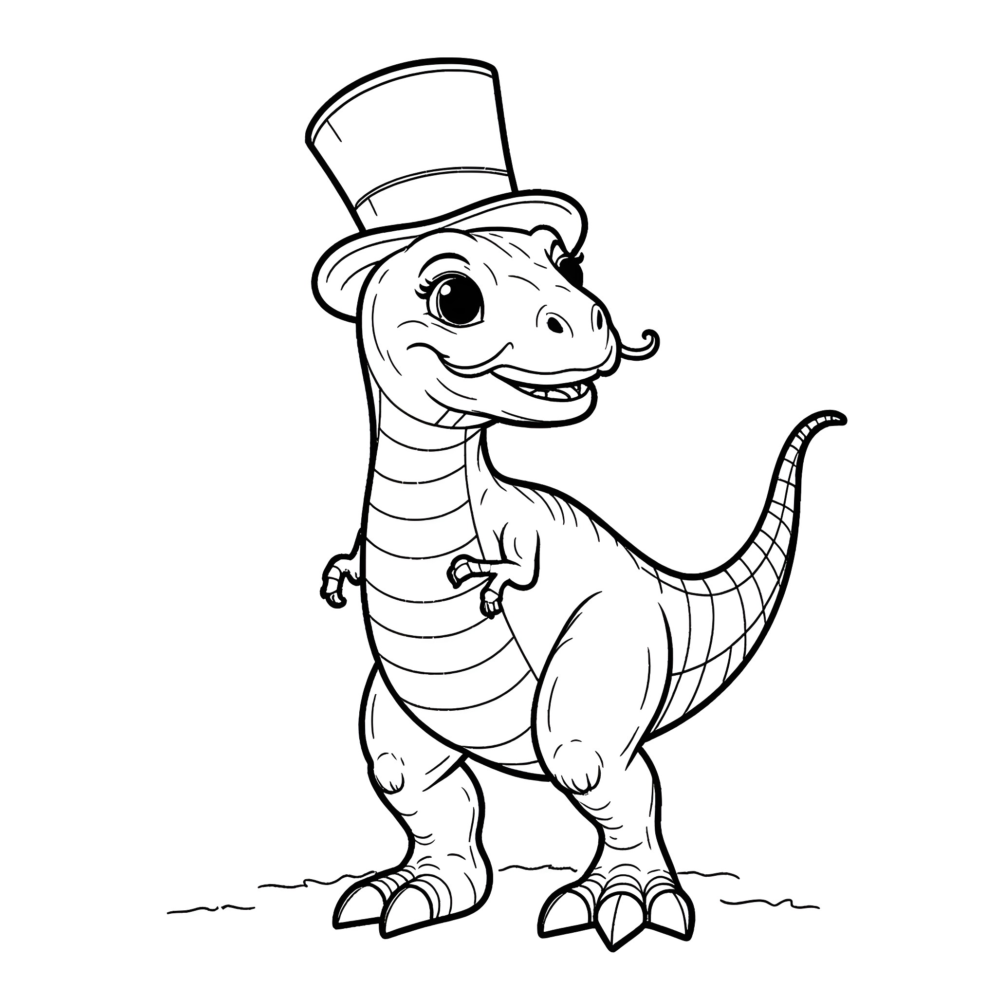 T-Rex wearing a top hat and smiling Coloring Page (free black-and-white line drawing printable PDF for all, from beginners to advanced learners, including children, teens, adults, and seniors)
