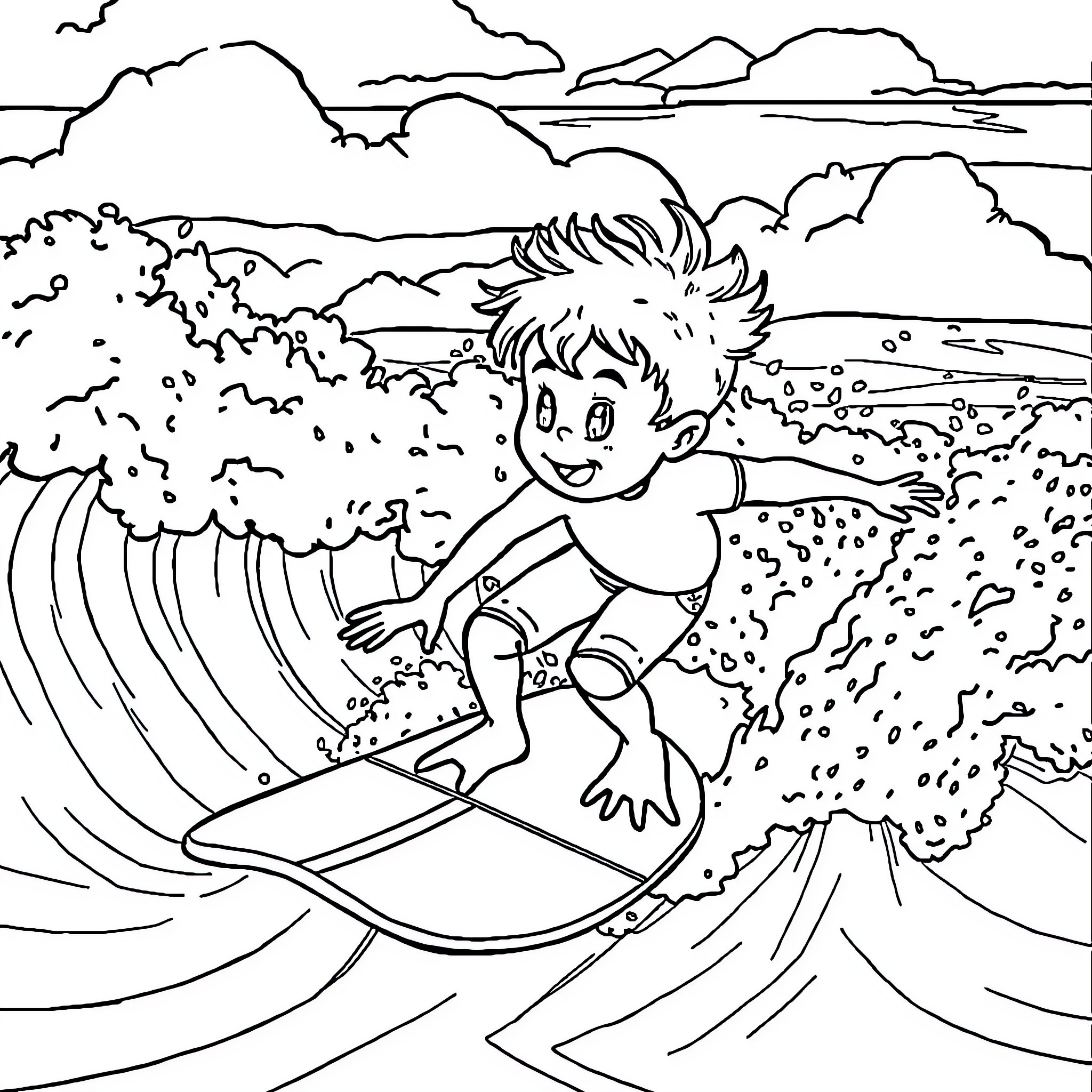 Sami surfing along the waves in the ocean Coloring Page (free black-and-white line drawing printable PDF for all, from beginners to advanced learners, including children, teens, adults, and seniors)